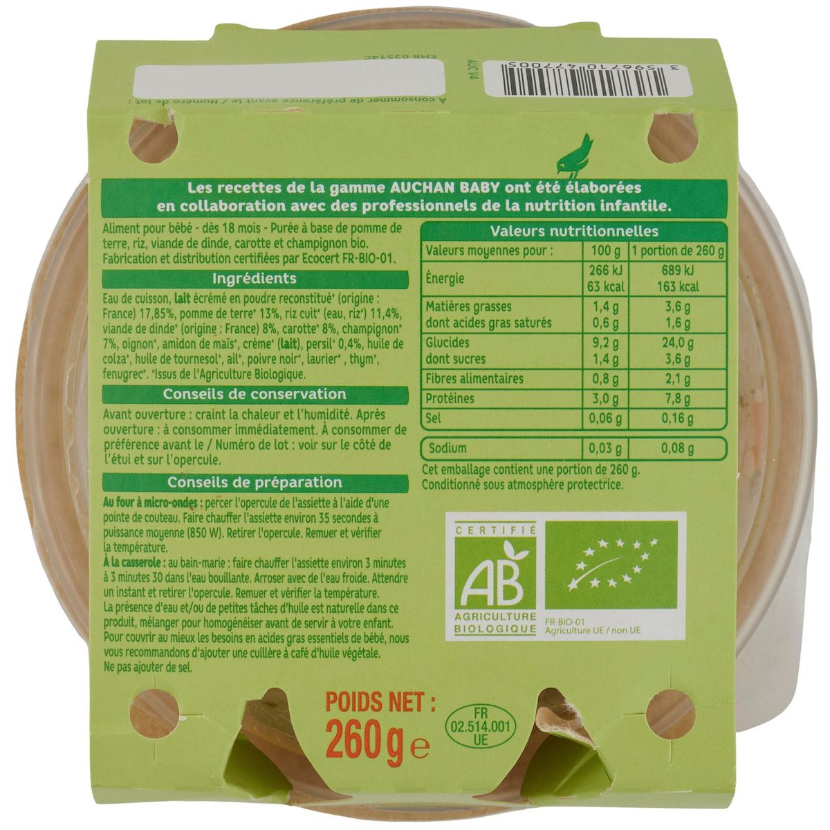AUCHAN BABY BIO Assiette blanquette de dinde dès 18 mois sans sel ajouté 260g