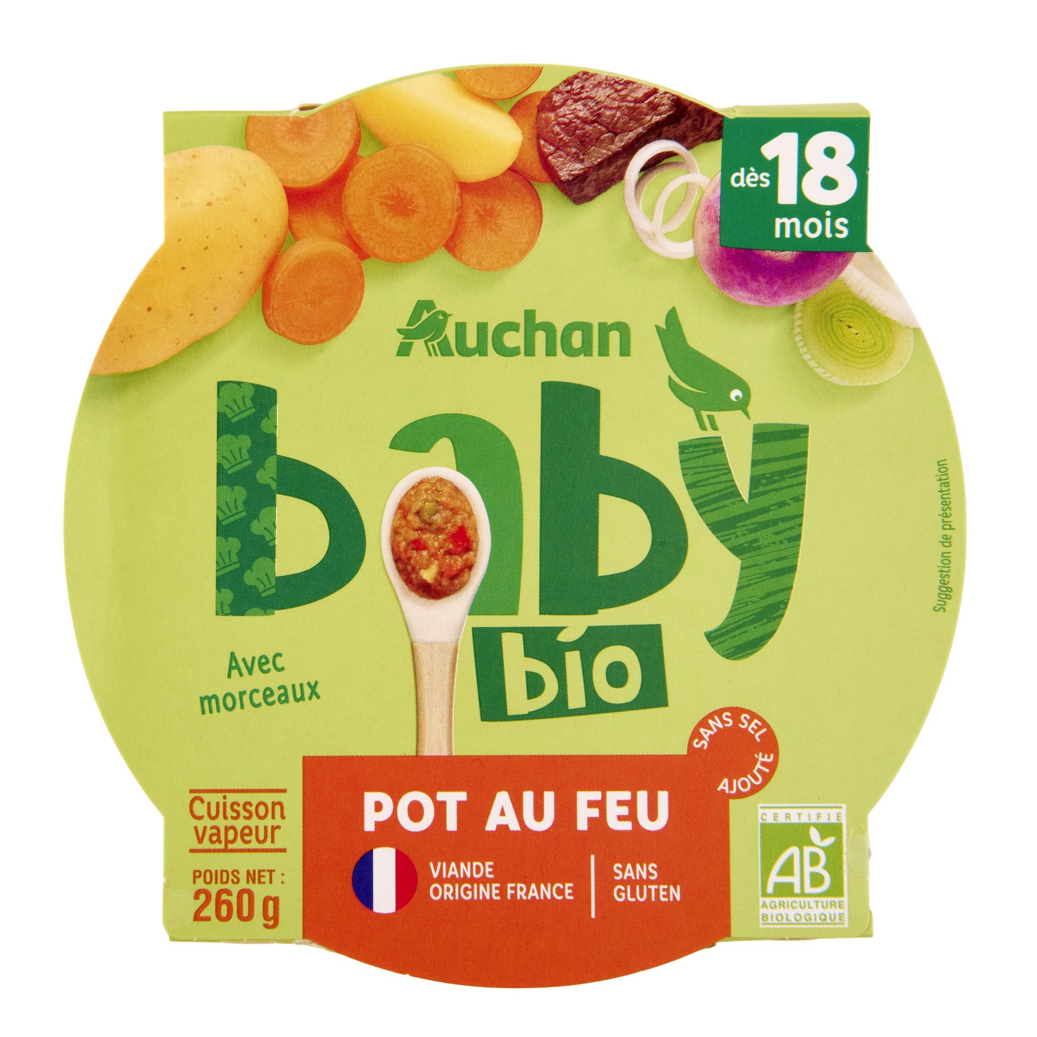 Voir la diapositive 2 : AUCHAN BABY BIO Assiette pot au feu sans sel ajouté sans gluten dès 18 mois 260g
