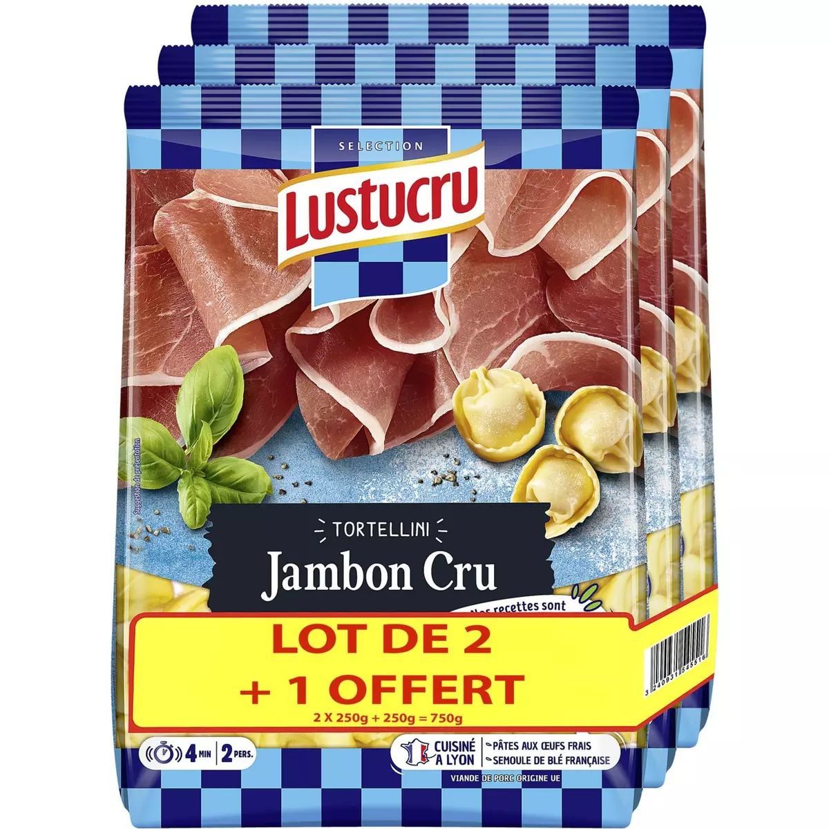 LUSTUCRU Tortellini au jambon cru 2 paquets +1 offert 750g