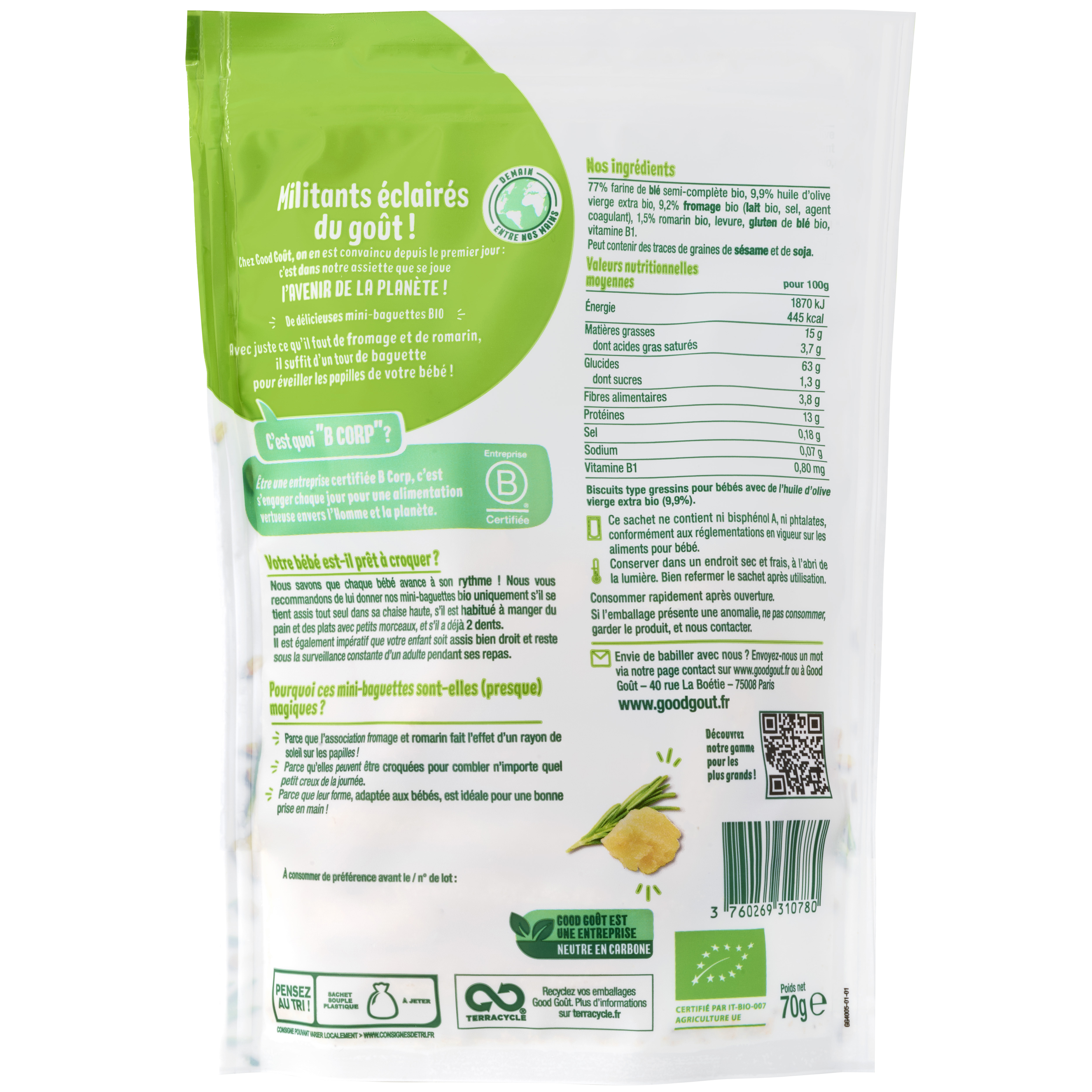 Voir la diapositive 2 : GOOD GOUT Mini baguettes fromage romarin bio dès 12 mois 70g