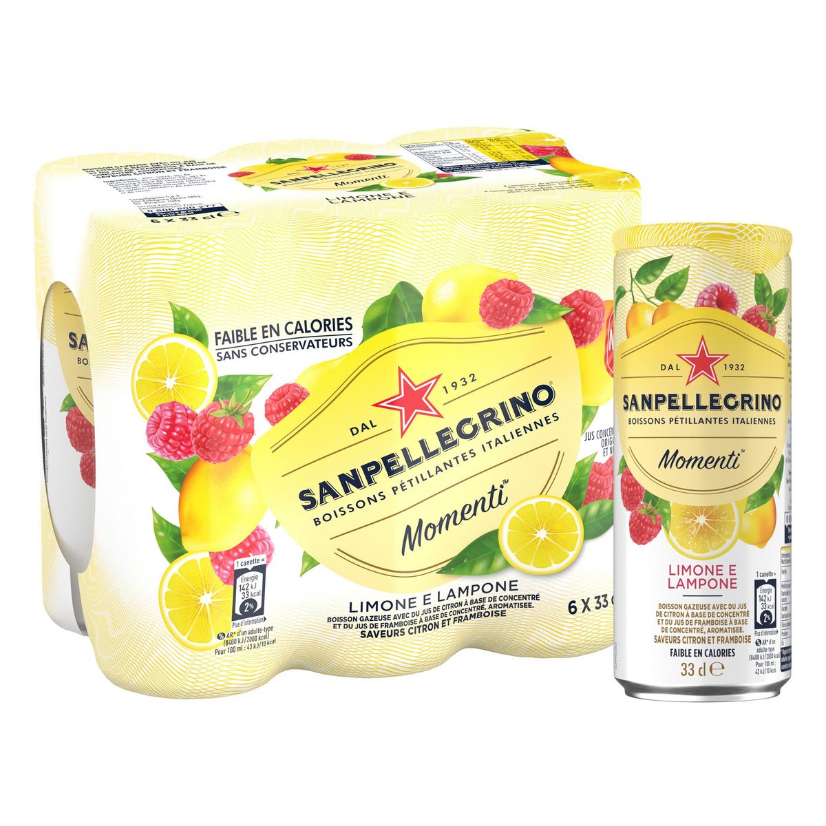 SAN PELLEGRINO Momenti Boisson pétillante saveur citron et framboise boîtes 6x33cl