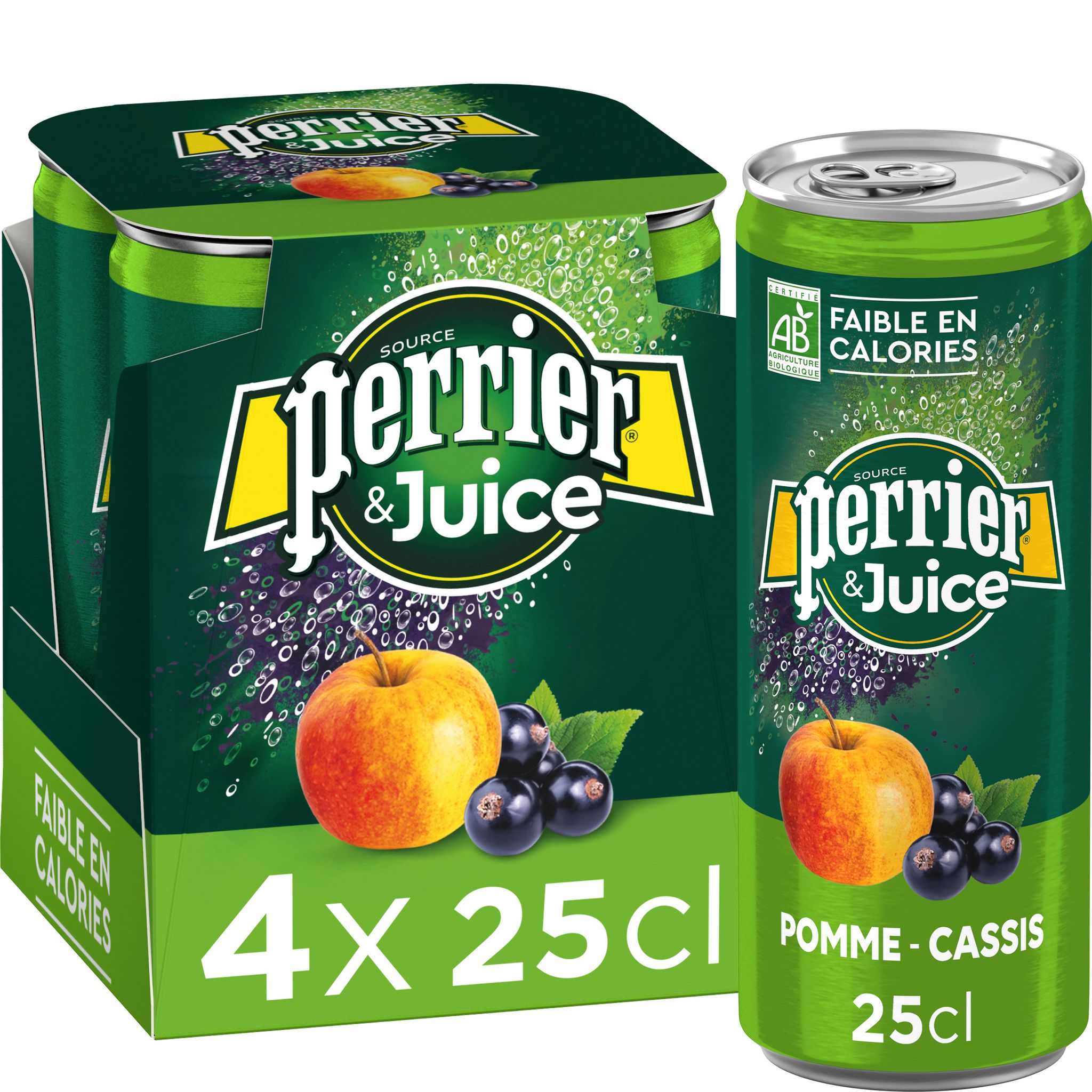 Voir la diapositive 2 : PERRIER Juice eau gazeuse aromatisée pomme et cassis boîtes 4x25cl