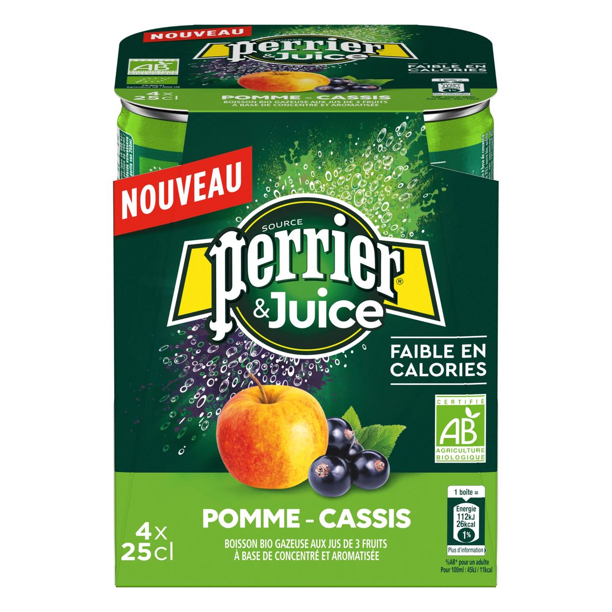 PERRIER Juice eau gazeuse aromatisée pomme et cassis boîtes 4x25cl