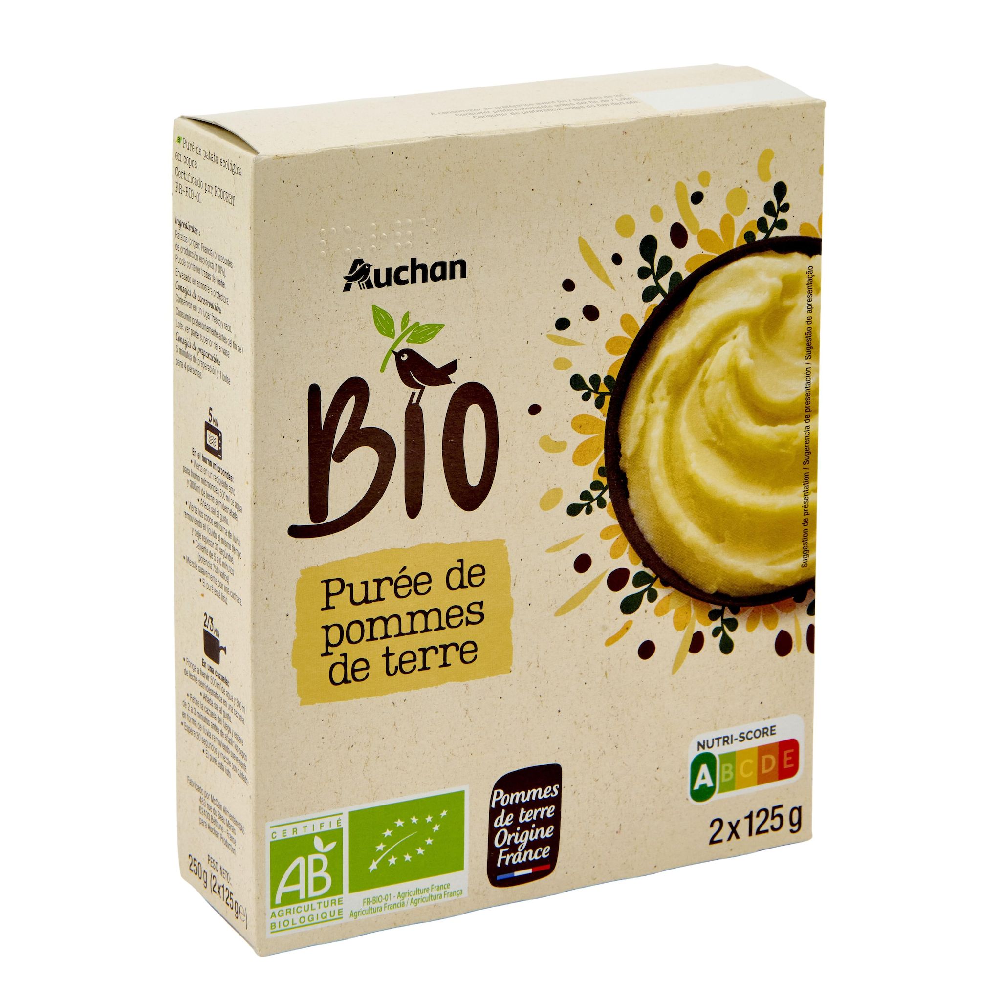 Voir la diapositive 2 : AUCHAN BIO Purée de pomme de terre nature 8 personnes 2x125g