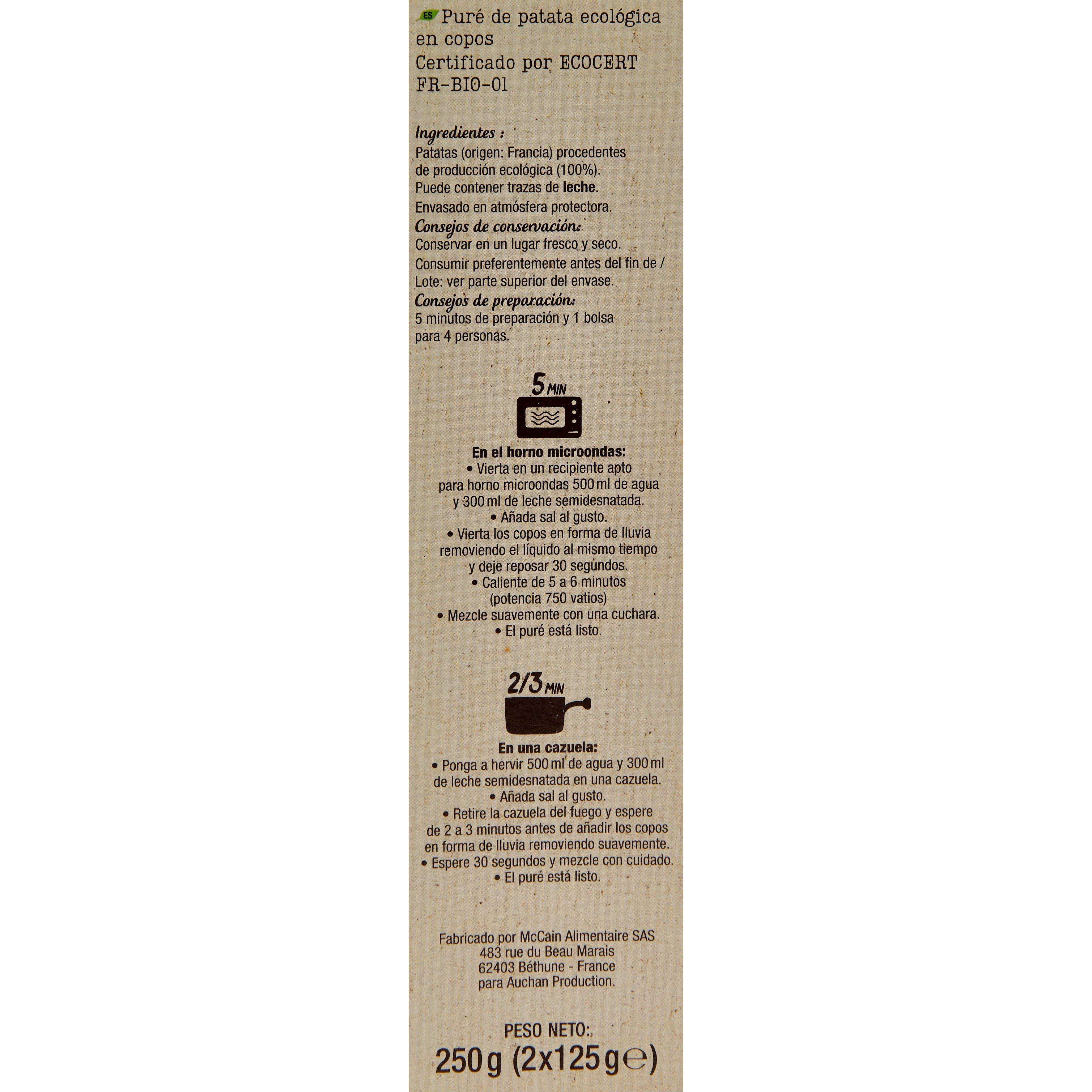 Voir la diapositive 3 : AUCHAN BIO Purée de pomme de terre nature 8 personnes 2x125g