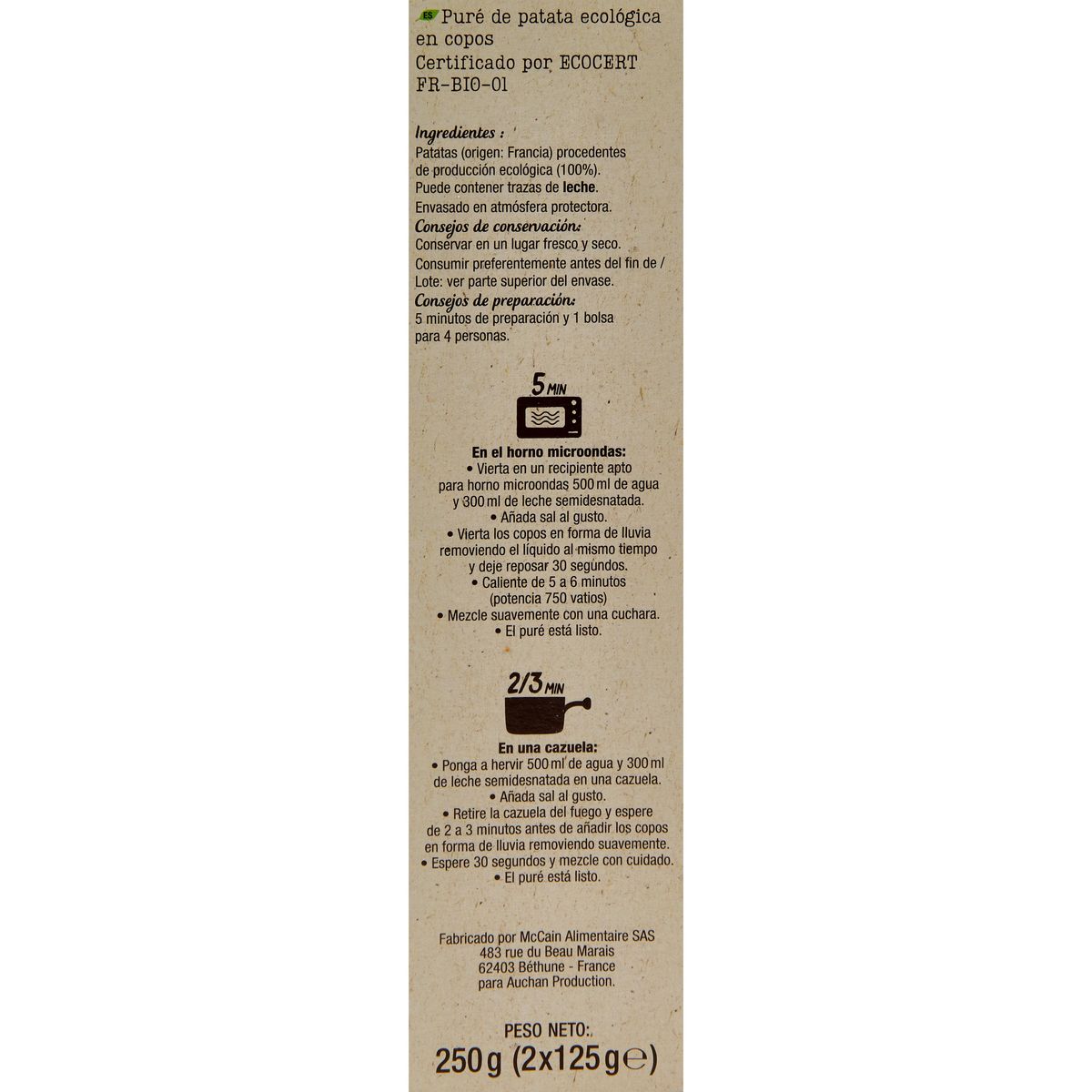 AUCHAN BIO Purée de pomme de terre nature 8 personnes 2x125g