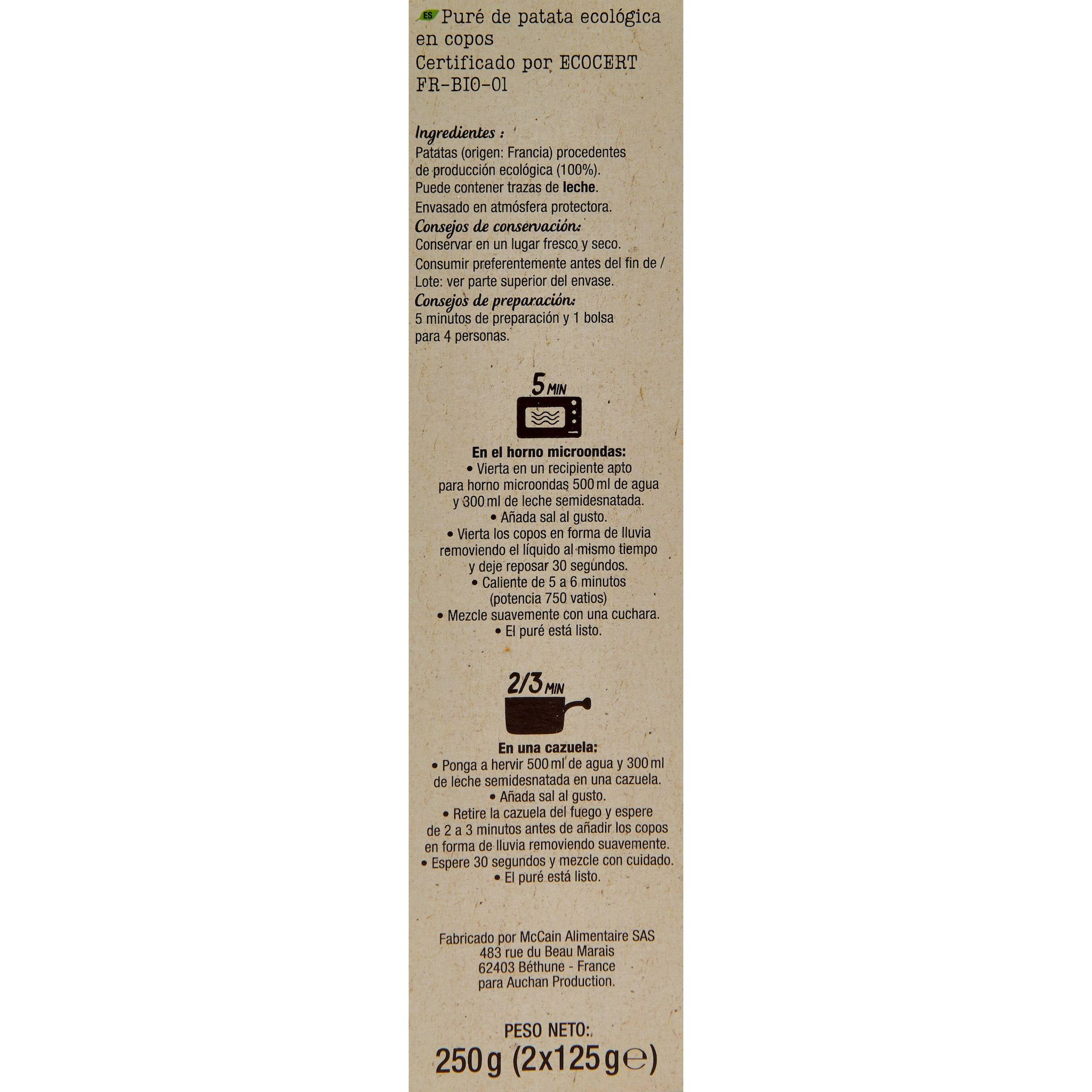 Voir la diapositive 3 : AUCHAN BIO Purée de pomme de terre nature 8 personnes 2x125g