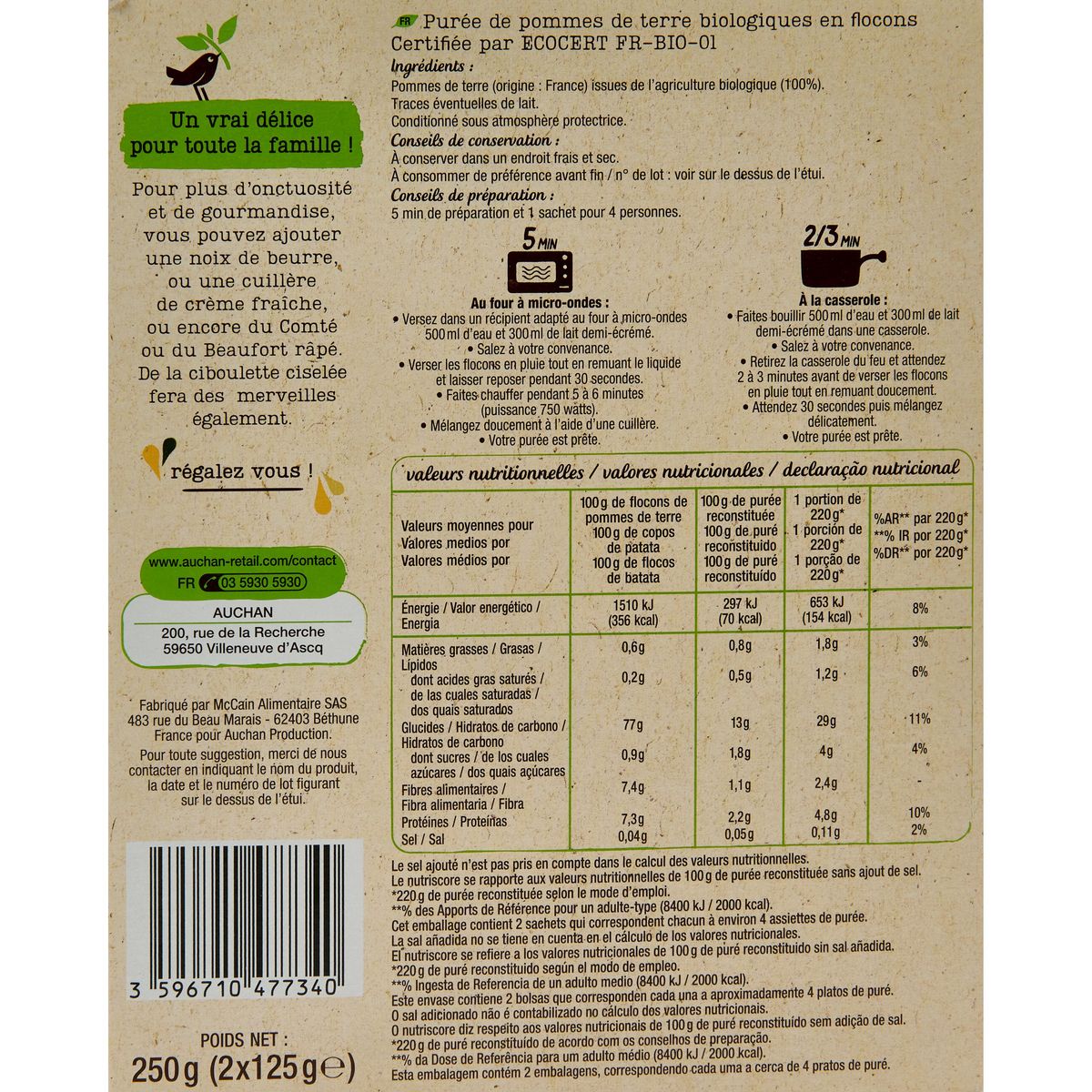 AUCHAN BIO Purée de pomme de terre nature 8 personnes 2x125g
