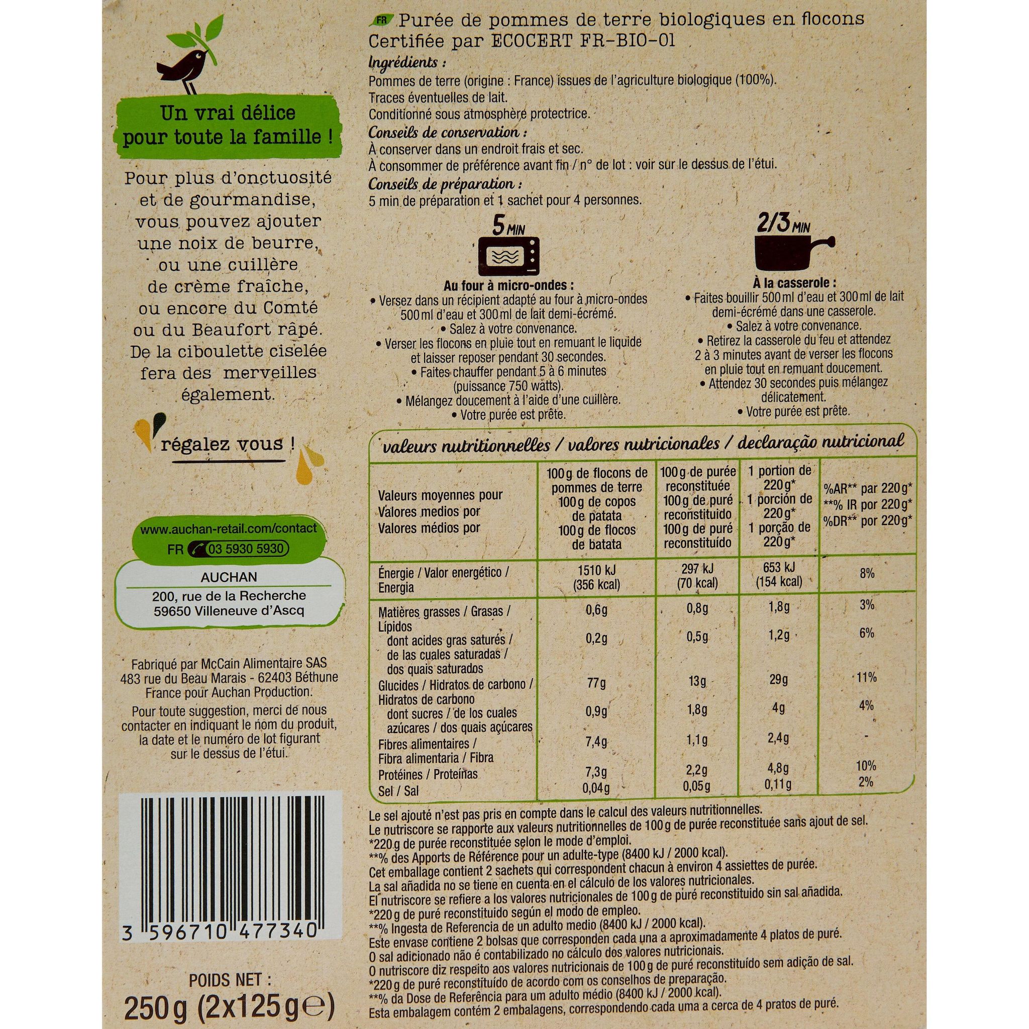 Voir la diapositive 4 : AUCHAN BIO Purée de pomme de terre nature 8 personnes 2x125g