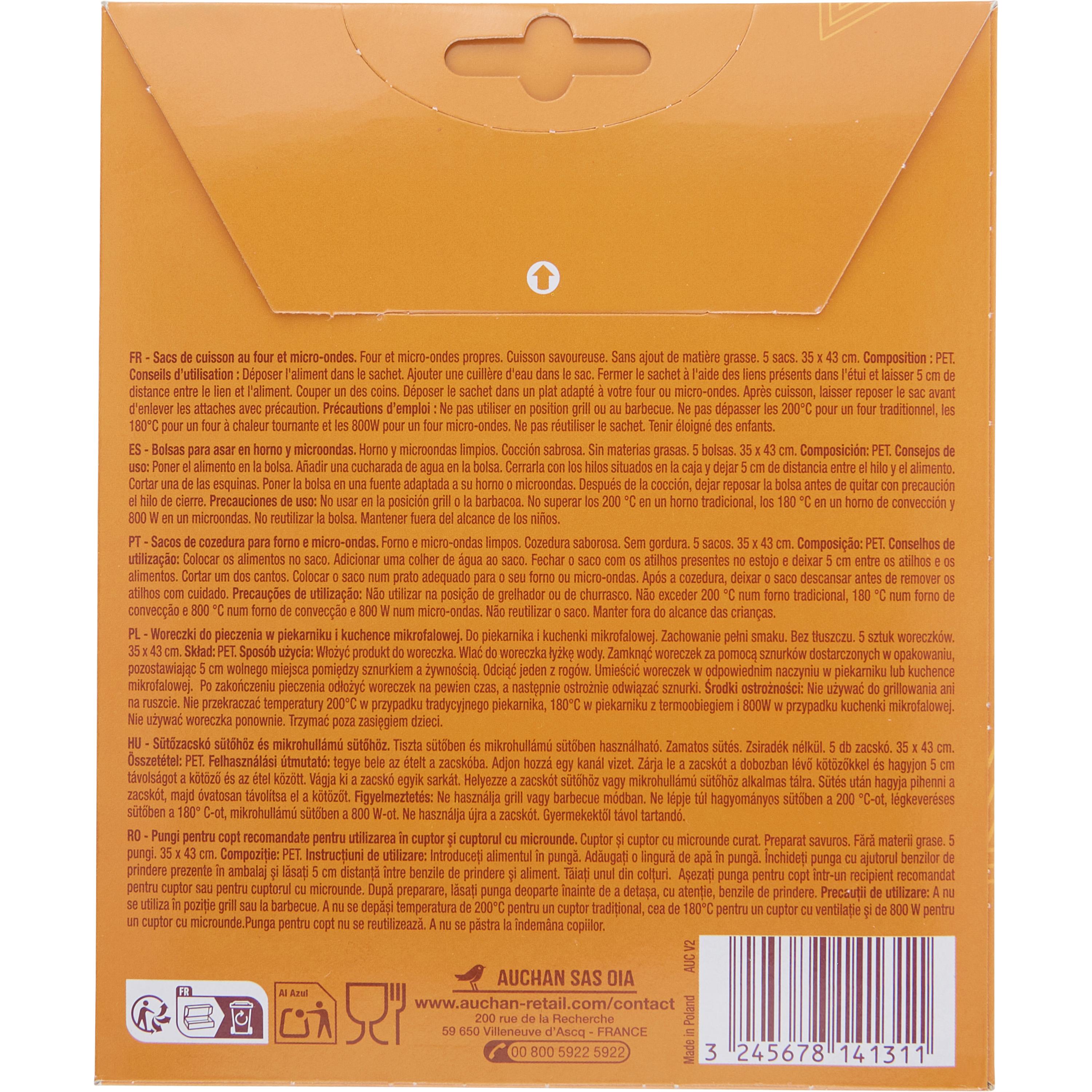 Voir la diapositive 2 : AUCHAN Sacs pour cuisson au four et micro ondes 35x45cm 5 sacs
