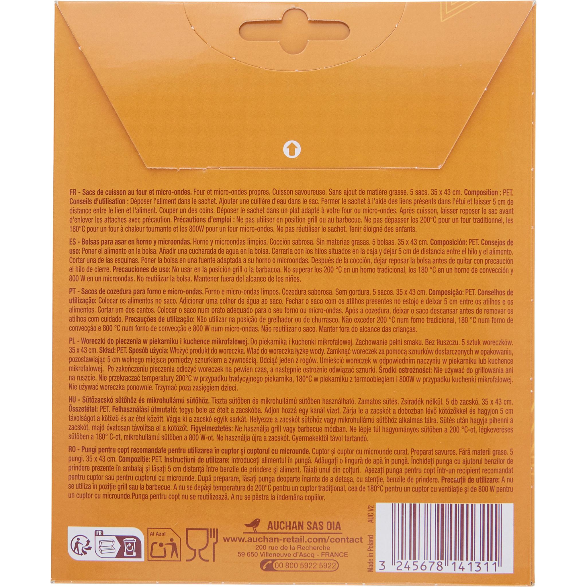 Voir la diapositive 2 : AUCHAN Sacs pour cuisson au four et micro ondes 35x45cm 5 sacs