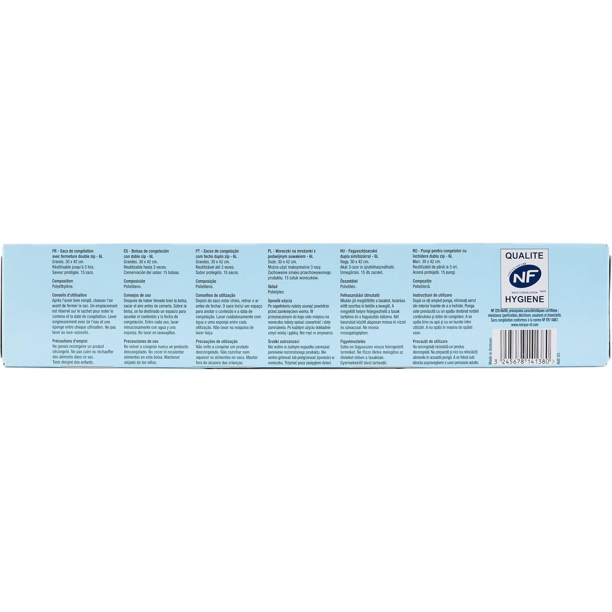 Voir la diapositive 2 : AUCHAN Sacs de congélation fermeture à curseur 6L 15 sacs