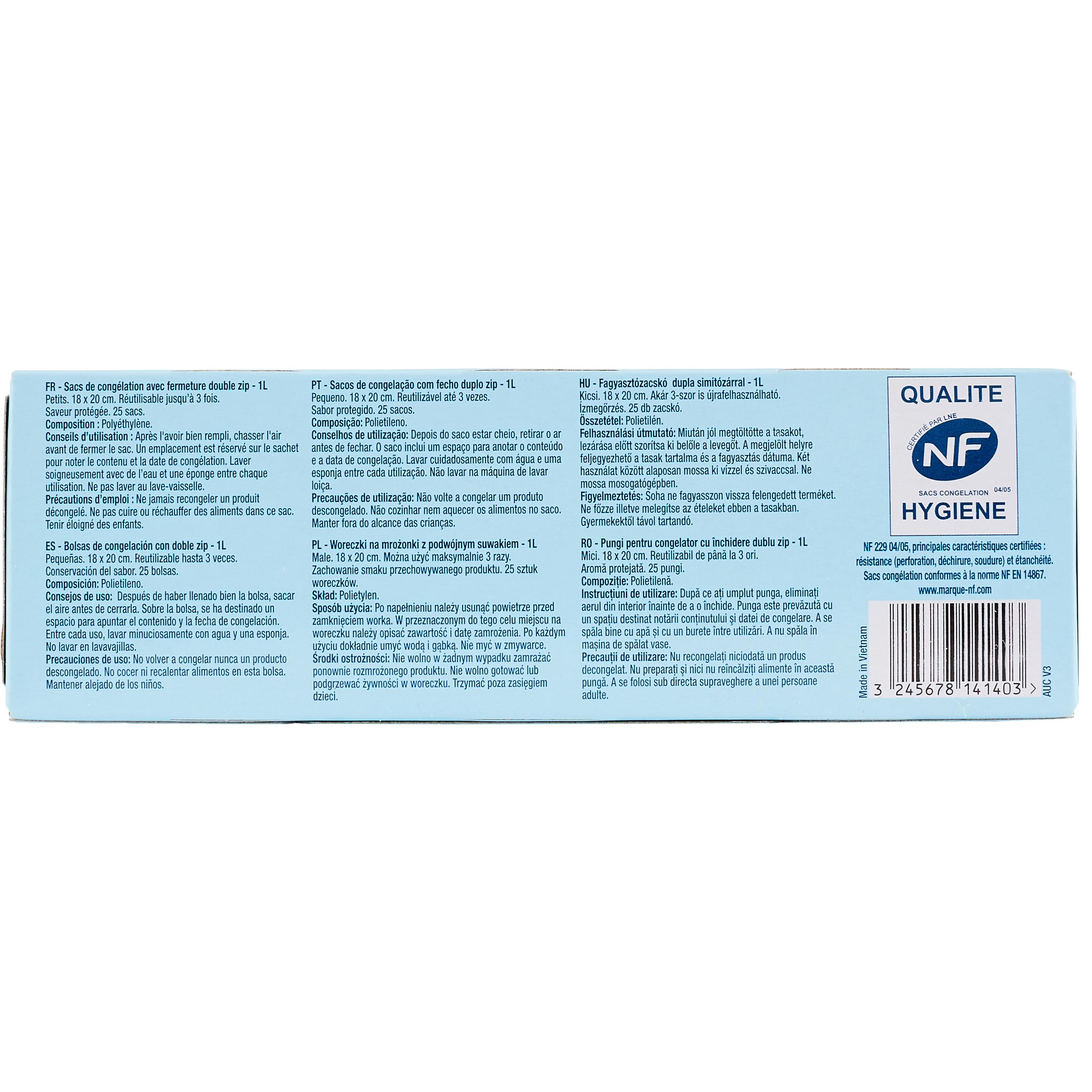 Voir la diapositive 3 : AUCHAN Sacs de congélation avec fermeture zip 1L 25 sacs