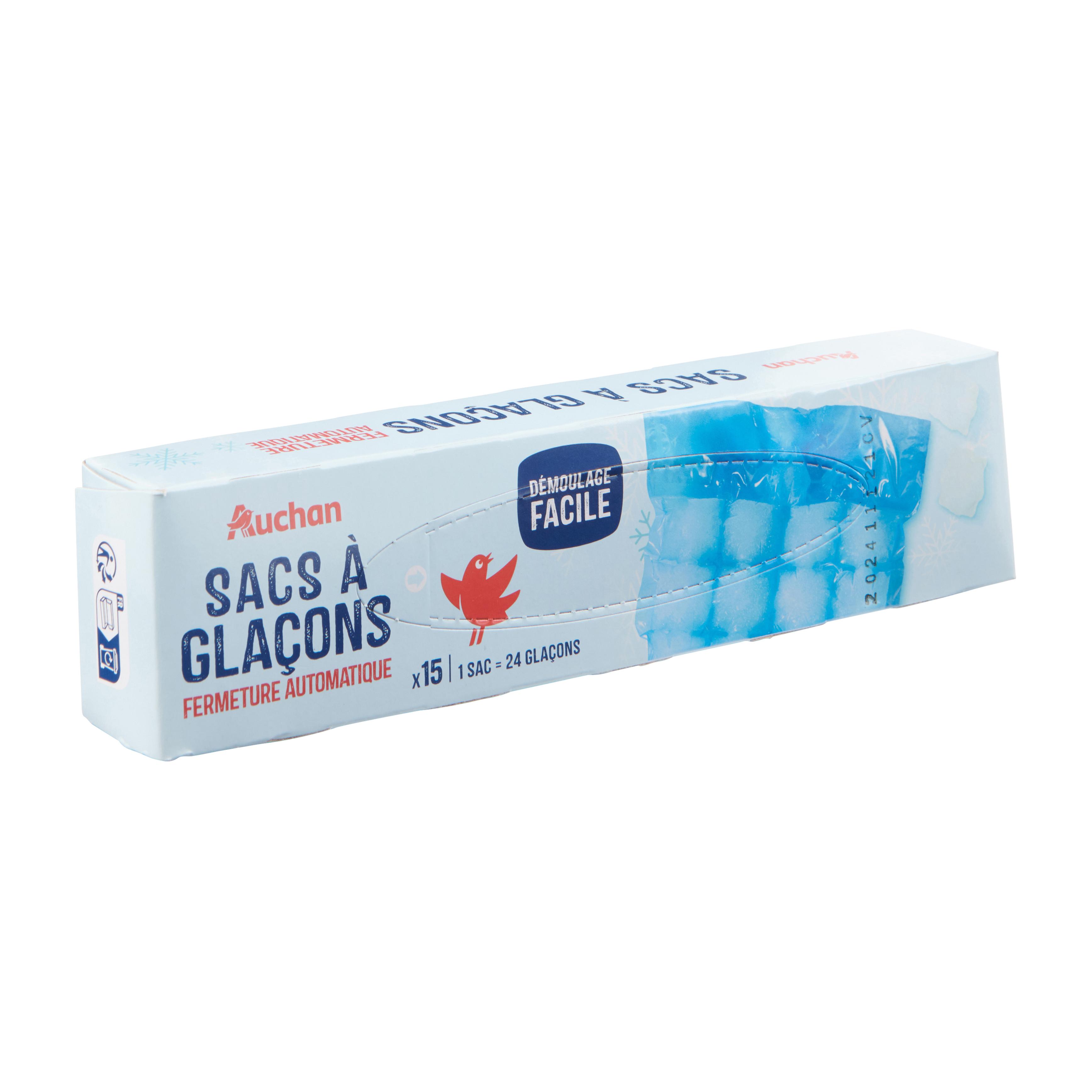 Voir la diapositive 2 : AUCHAN Sacs à glaçons démoulage facile fermeture automatique 1 sac=24 glaçons 15 sacs