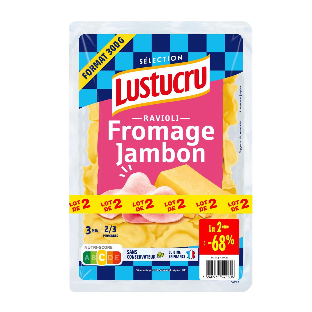 LUSTUCRU Ravioli au jambon fromage 4/6 parts 600g