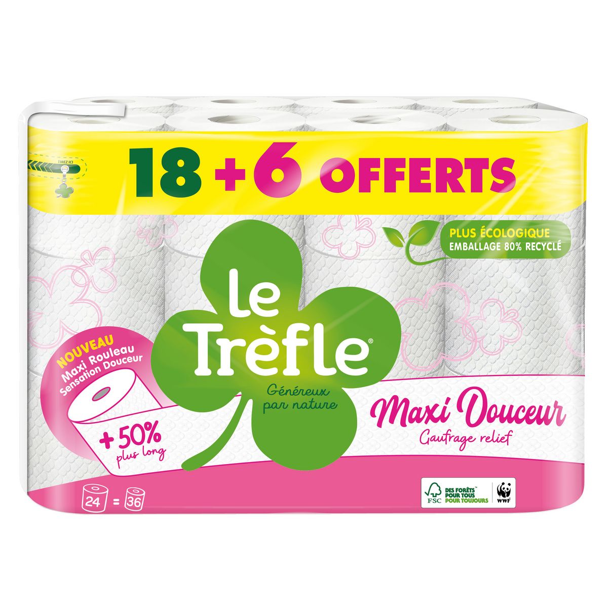 LE TRÈFLE Papier toilette maxi rouleau douceur blanc = 36 standards 18 rouleaux + 6 offerts