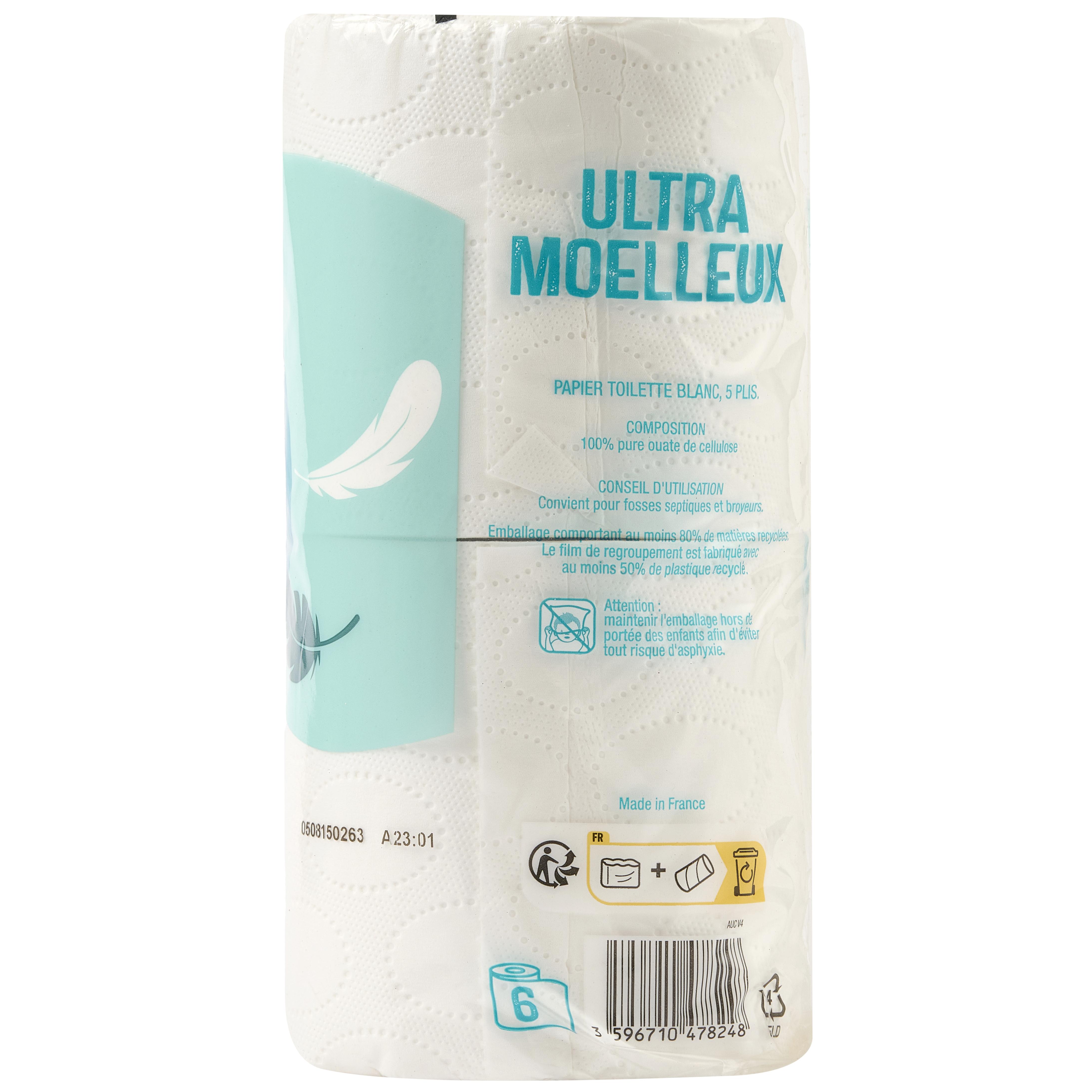 Voir la diapositive 2 : AUCHAN Papier toilette blanc ultra moelleux 5 épaisseurs 6 rouleaux