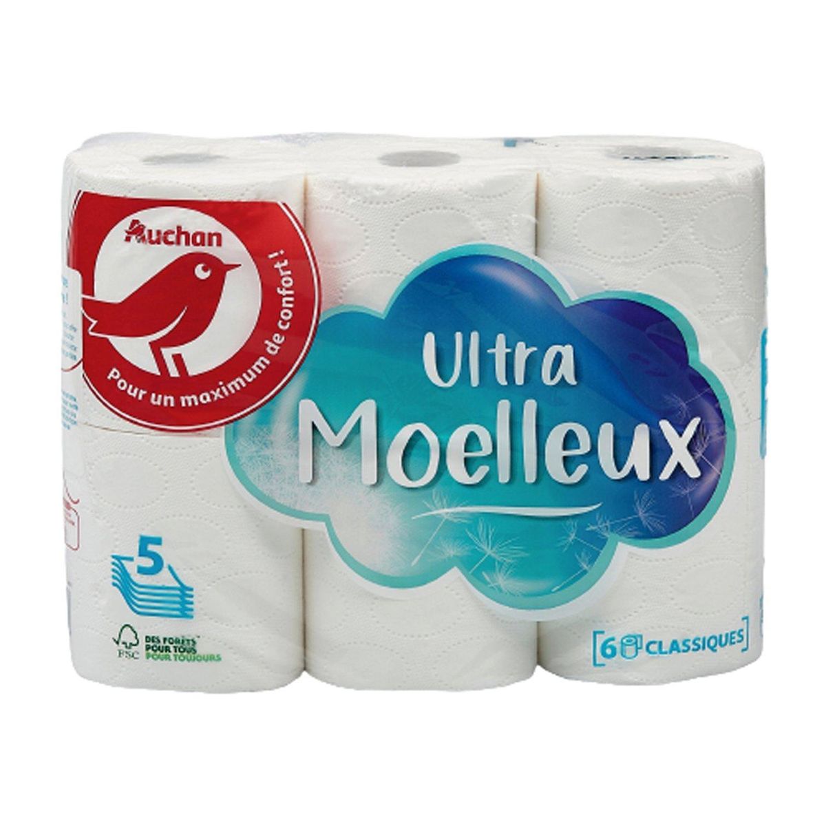 AUCHAN Papier toilette blanc ultra moelleux 5 épaisseurs 6 rouleaux