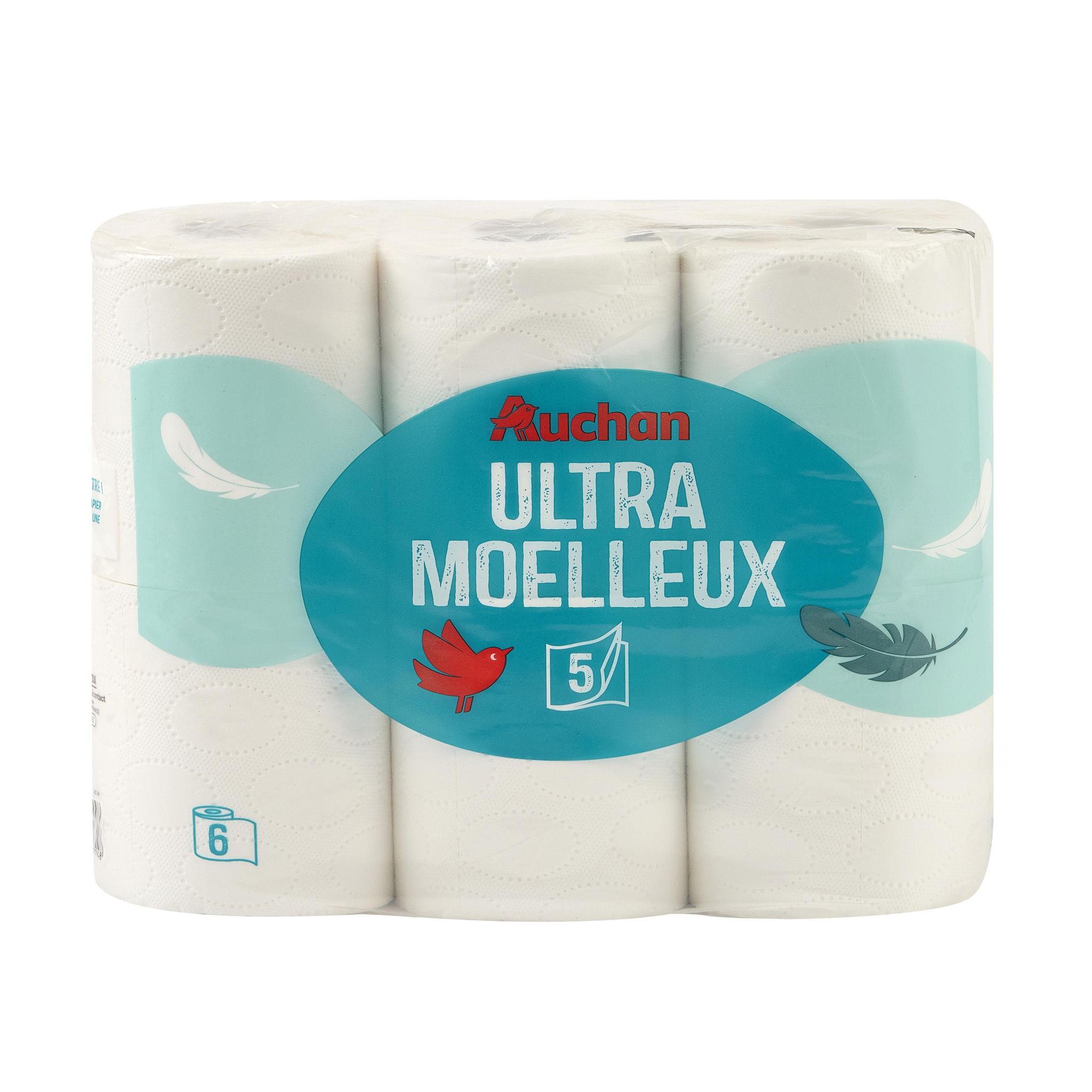 Voir la diapositive 3 : AUCHAN Papier toilette blanc ultra moelleux 5 épaisseurs 6 rouleaux