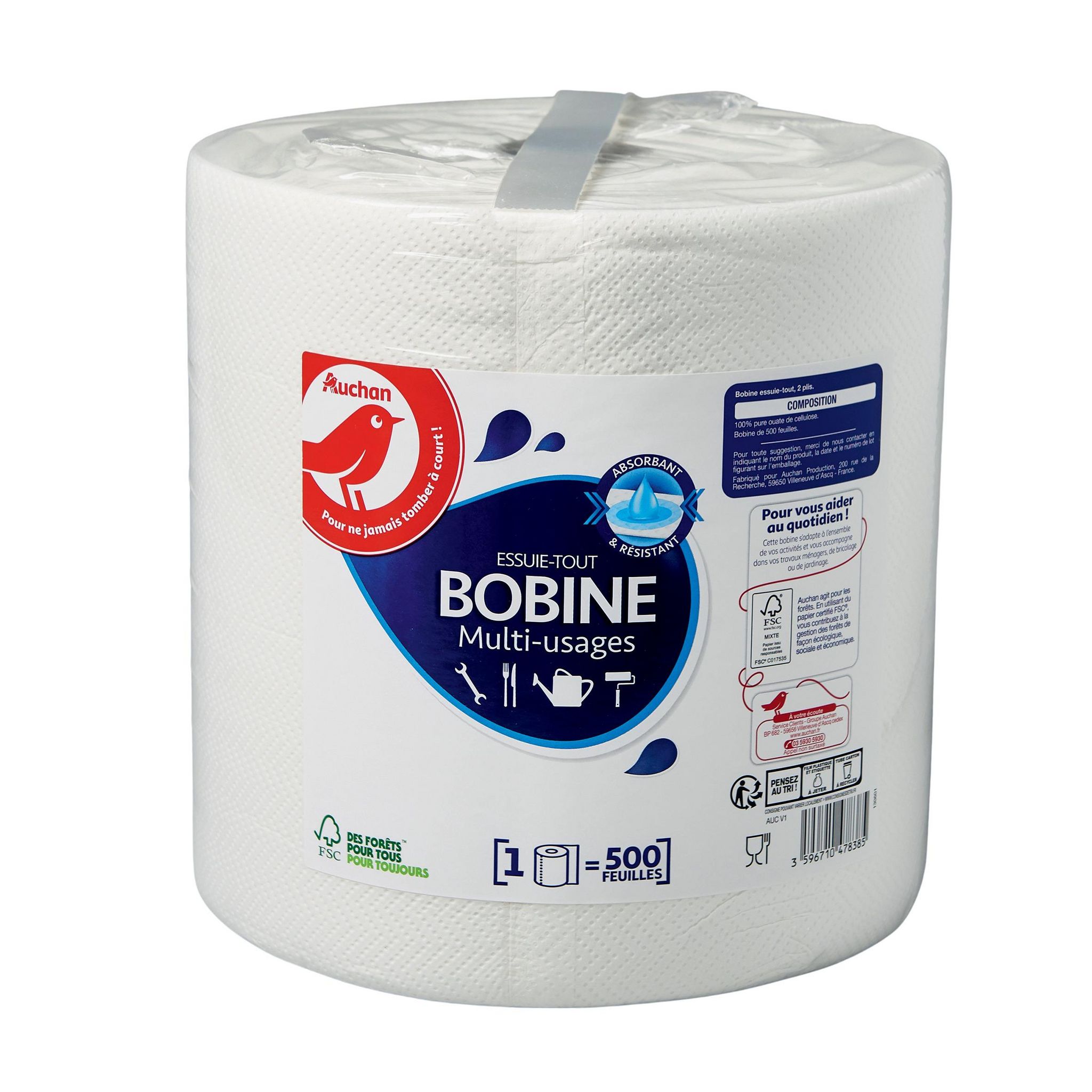 Voir la diapositive 2 : AUCHAN Essuie-tout bobine multi-usages 500 feuilles 1 rouleau