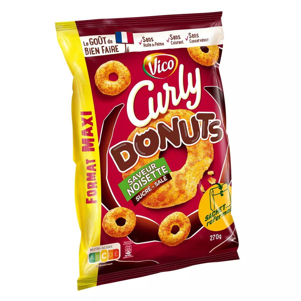 CURLY Biscuits soufflés Donuts goût noisette sucré-salé maxi format 270g
