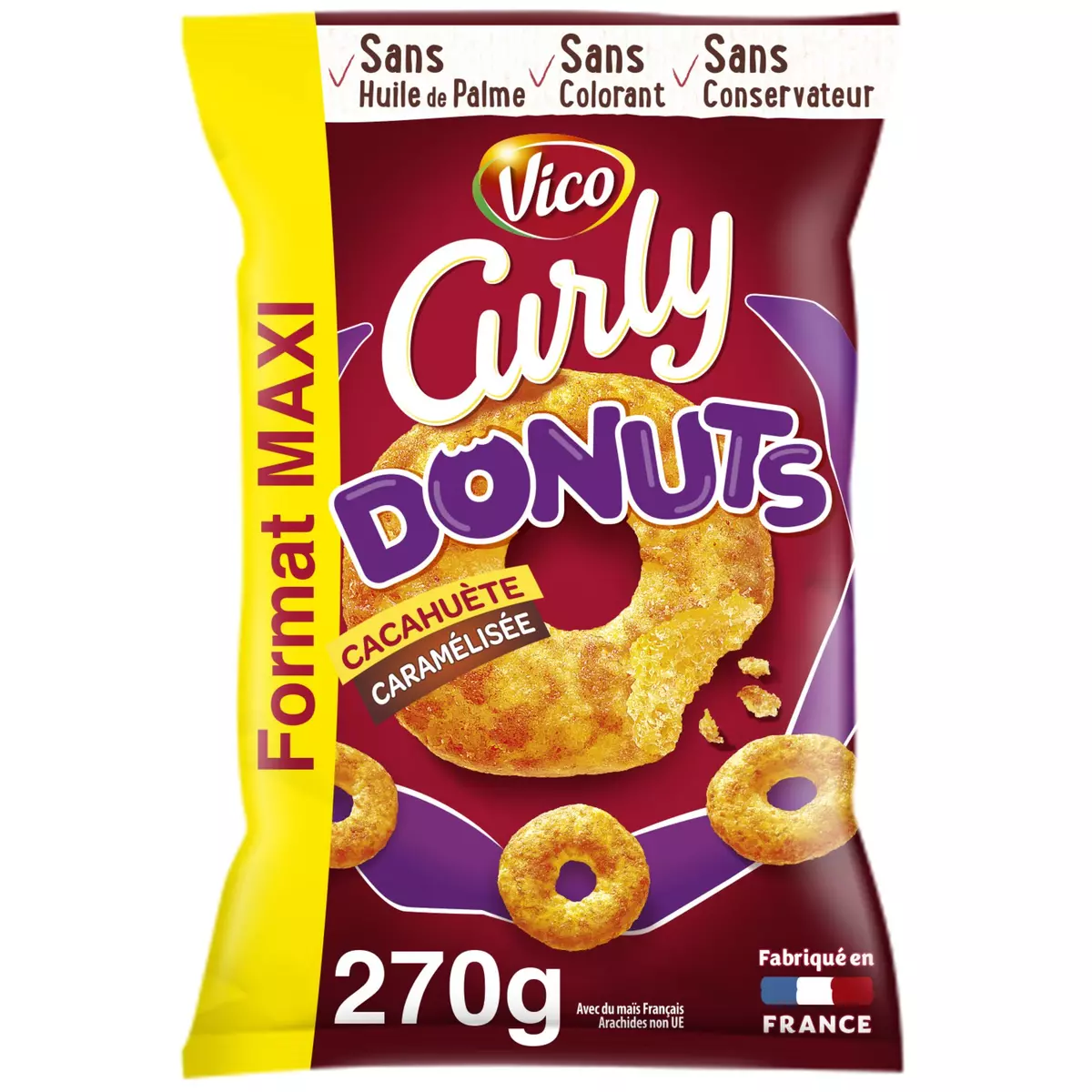 CURLY Biscuits soufflés donuts à la cacahuète caramélisée maxi format 270g