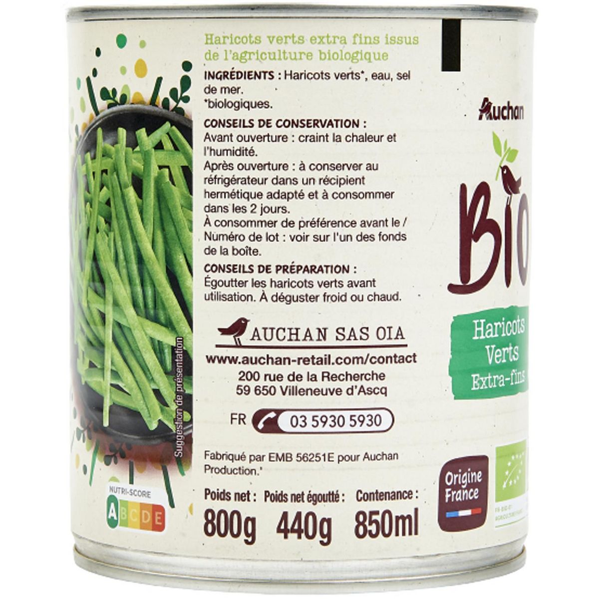 AUCHAN BIO Haricots verts extra-fins 440g