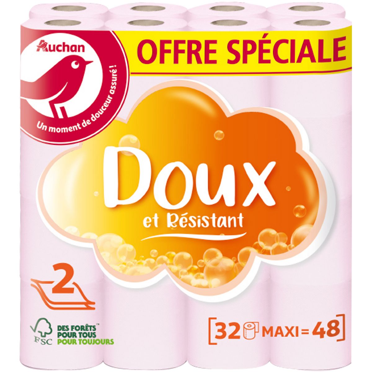 AUCHAN Papier toilette rose 2 épaisseurs 32 rouleaux