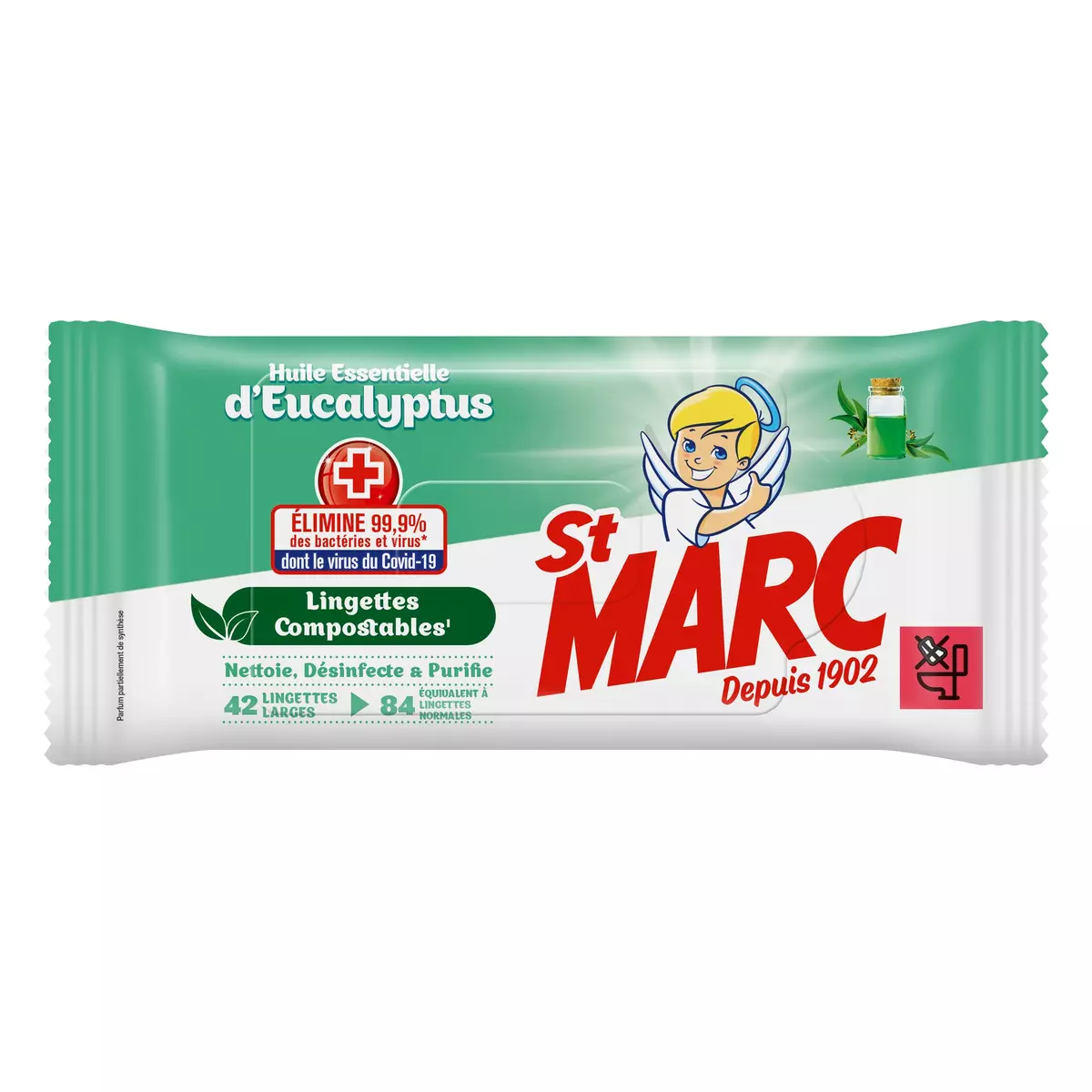 ST MARC Lingettes multi-surfaces 100% biodégradables huile essentielle d'eucalyptus 42 lingettes