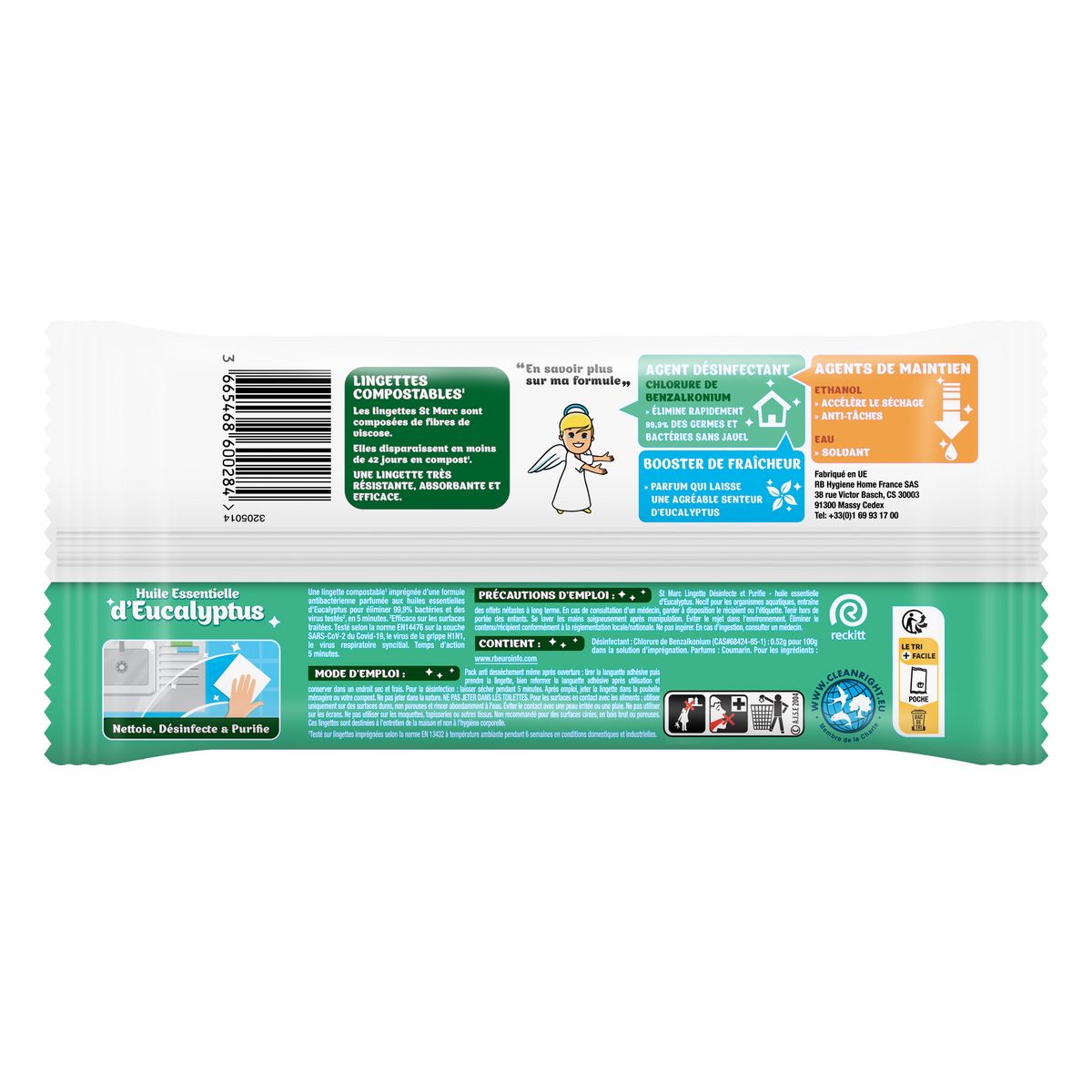 ST MARC Lingettes multi-surfaces 100% biodégradables huile essentielle d'eucalyptus 42 lingettes