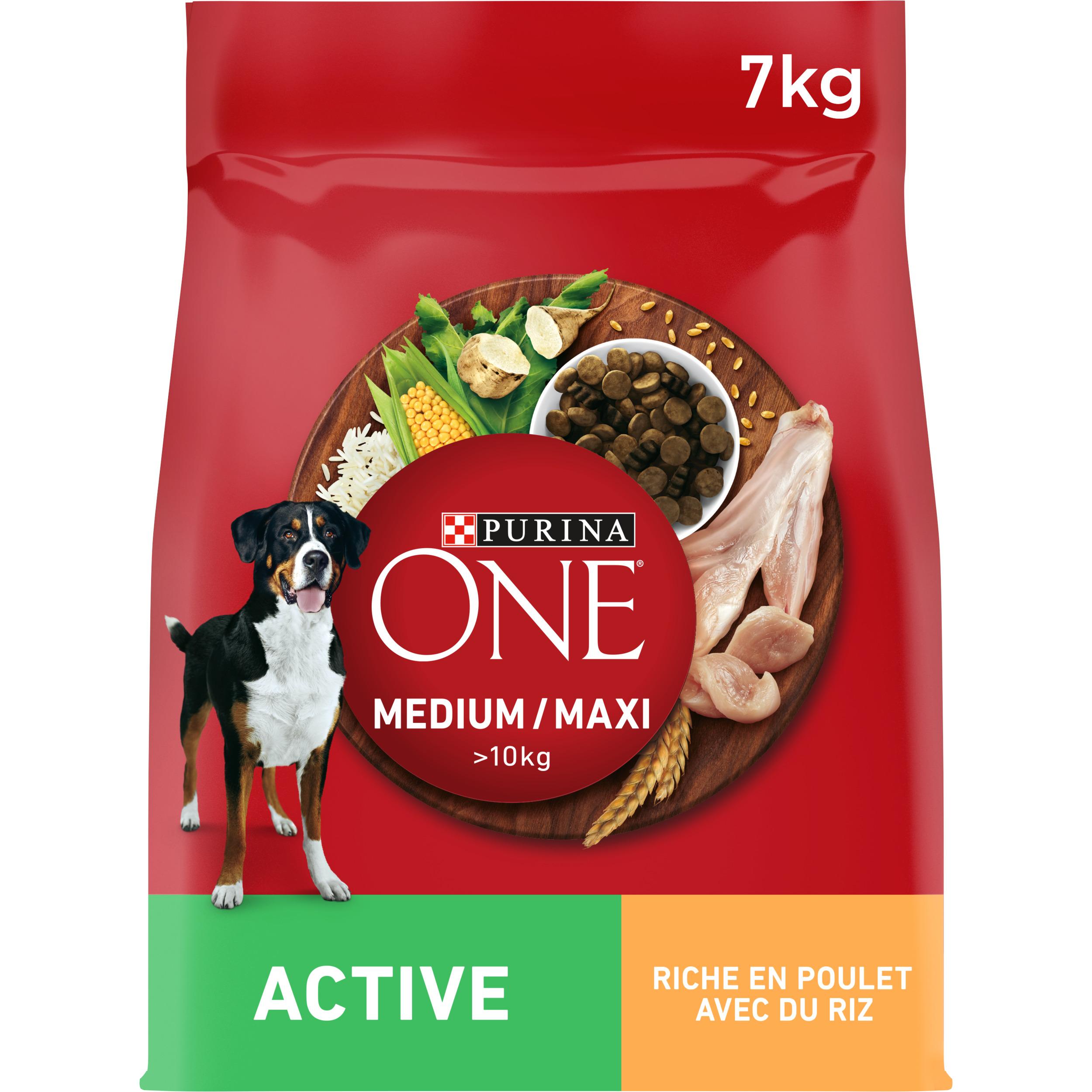 Voir la diapositive 2 : PURINA ONE Croquettes Active au poulet et riz pour moyen et grand chien 7kg