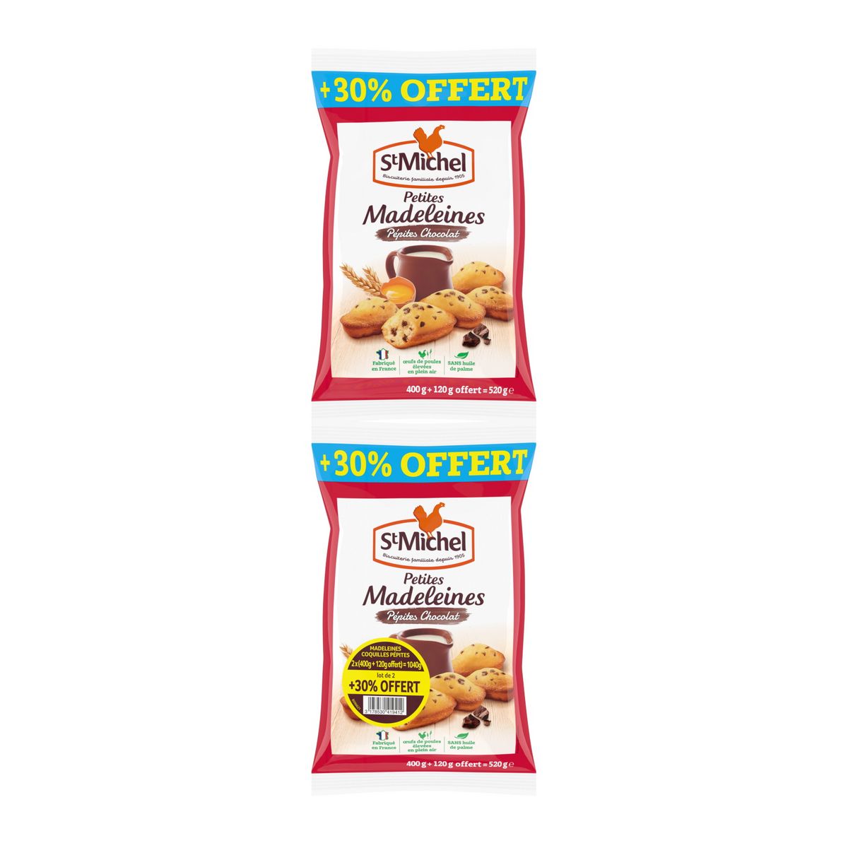 ST MICHEL Petites Madeleines aux pépites de chocolat  2x400g +60% offerts