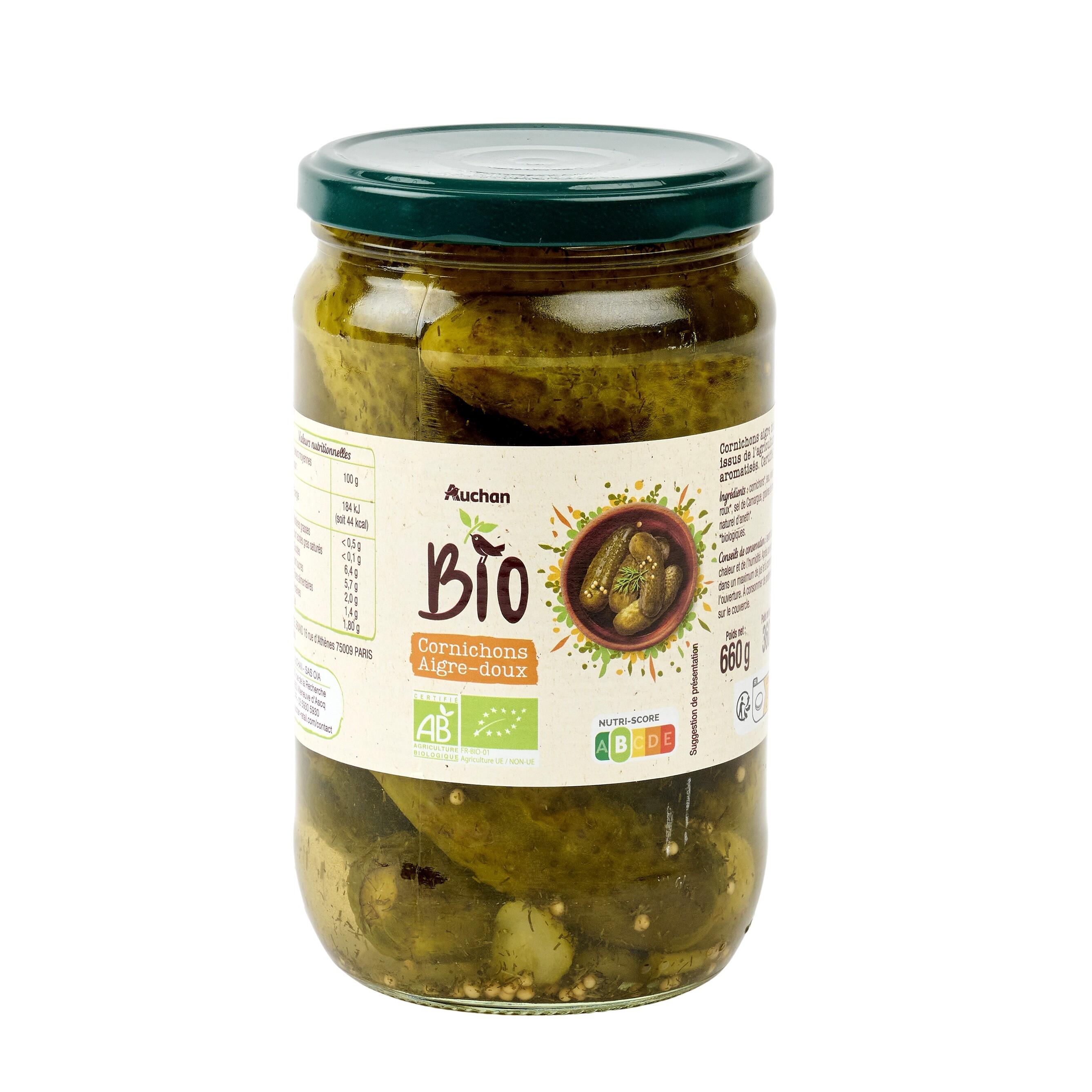 Voir la diapositive 2 : AUCHAN BIO Cornichons aigre-doux en bocal 660g
