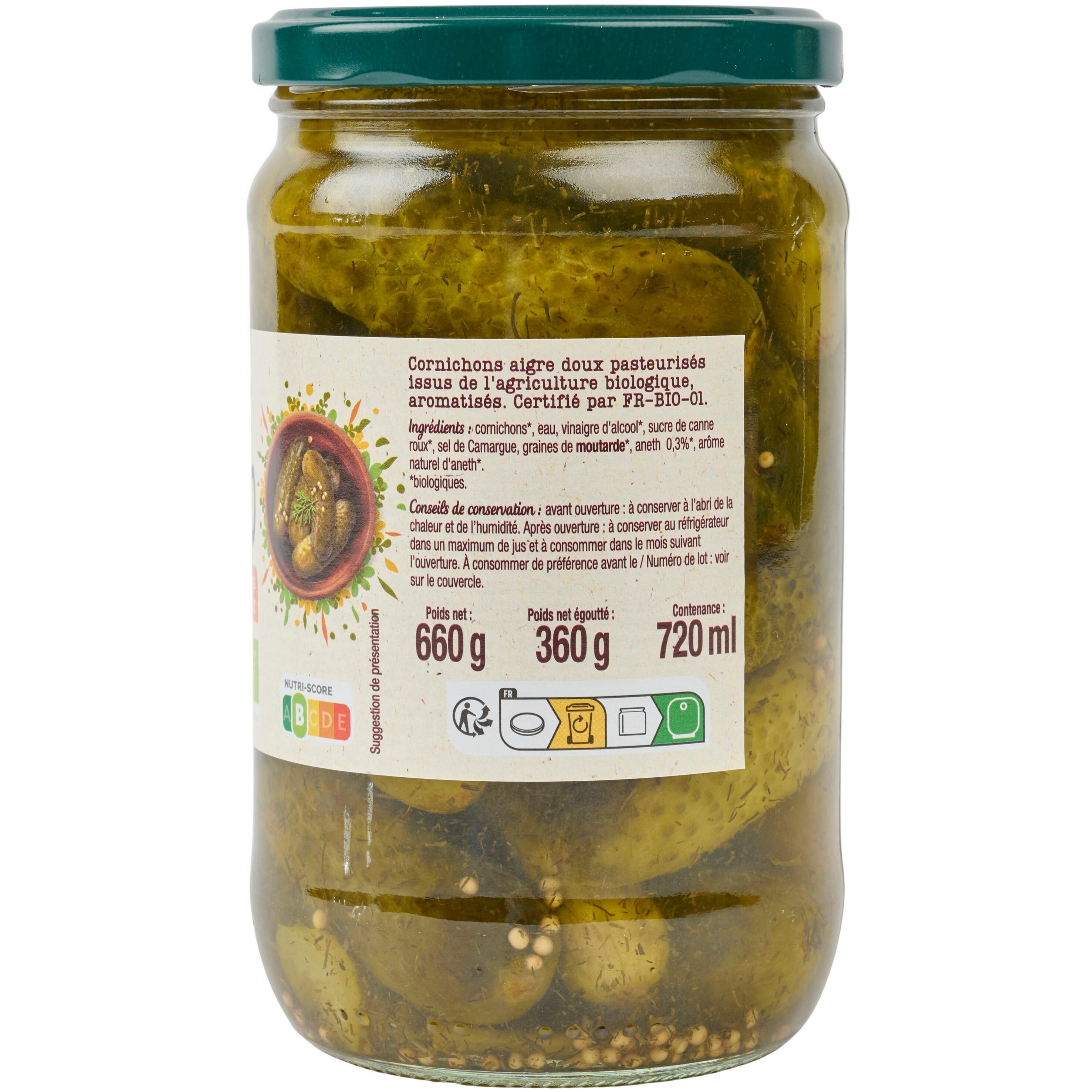 Voir la diapositive 3 : AUCHAN BIO Cornichons aigre-doux en bocal 660g