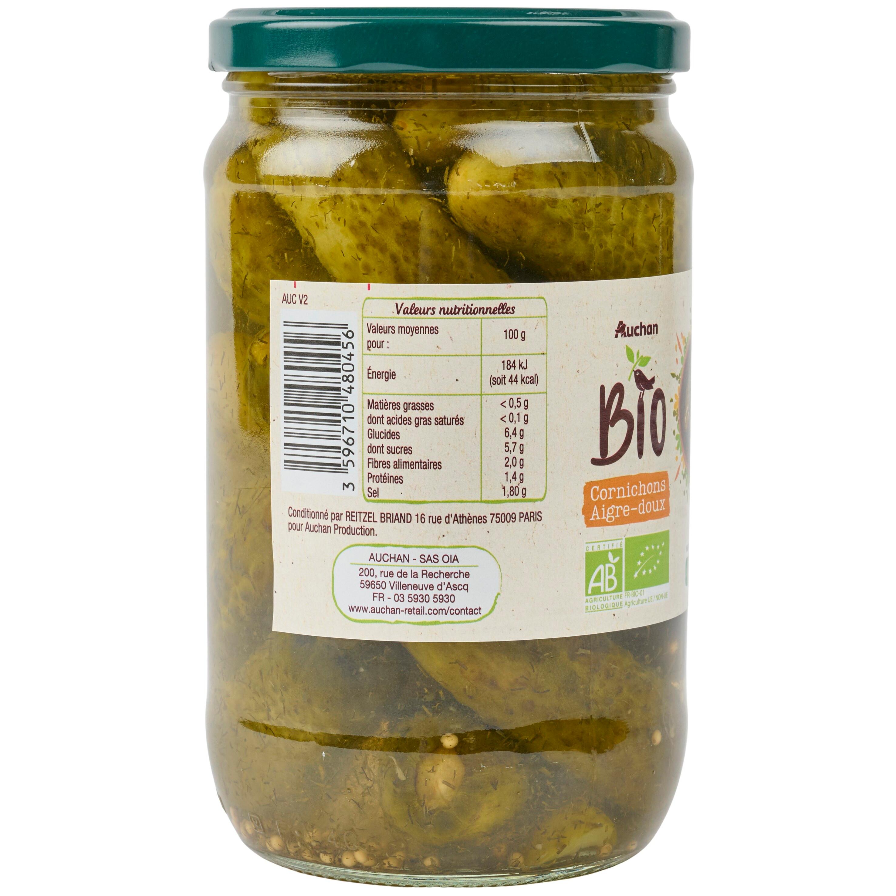 Voir la diapositive 4 : AUCHAN BIO Cornichons aigre-doux en bocal 660g