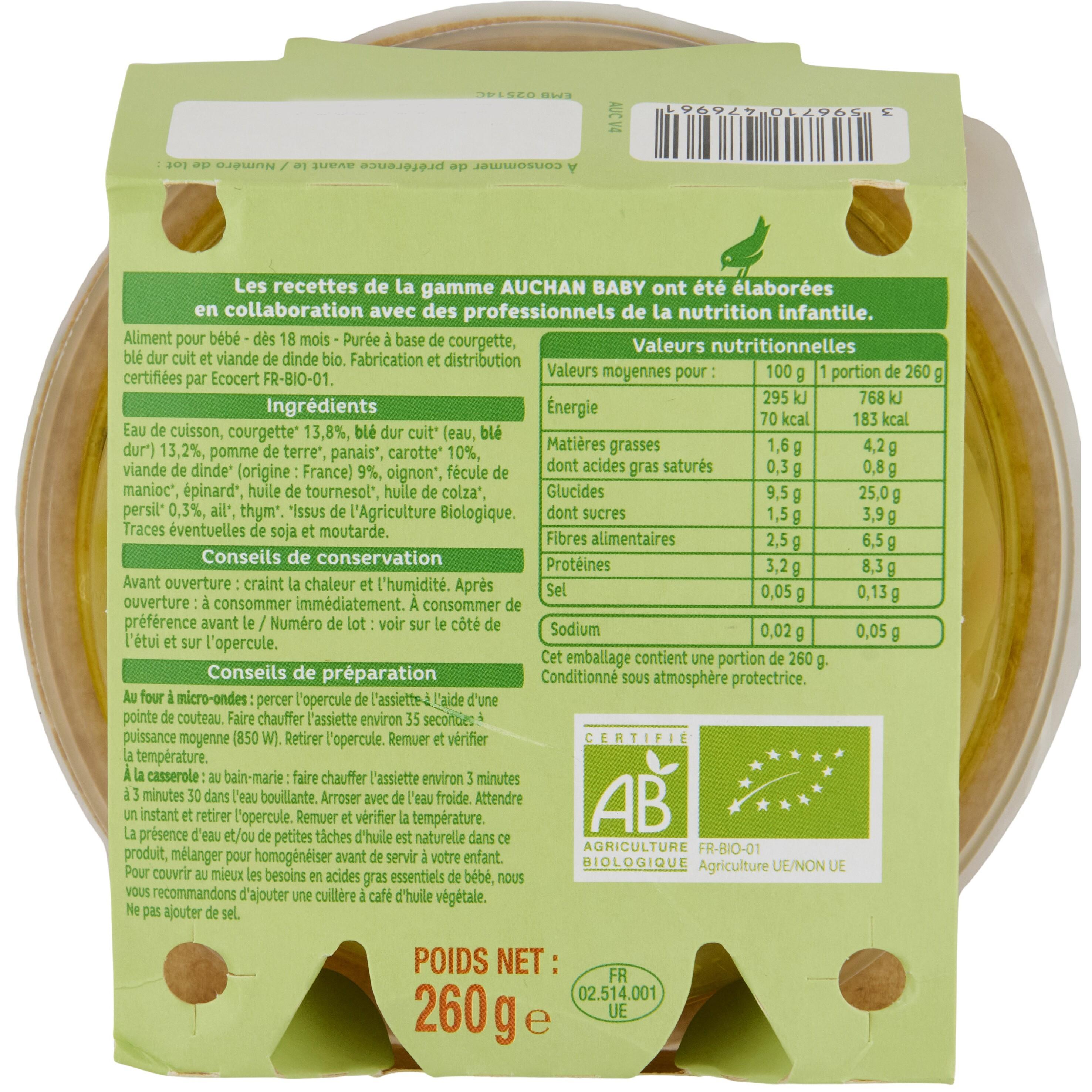 Voir la diapositive 2 : AUCHAN BABY BIO Assiette courgette blé et dinde dès 18 mois 260g