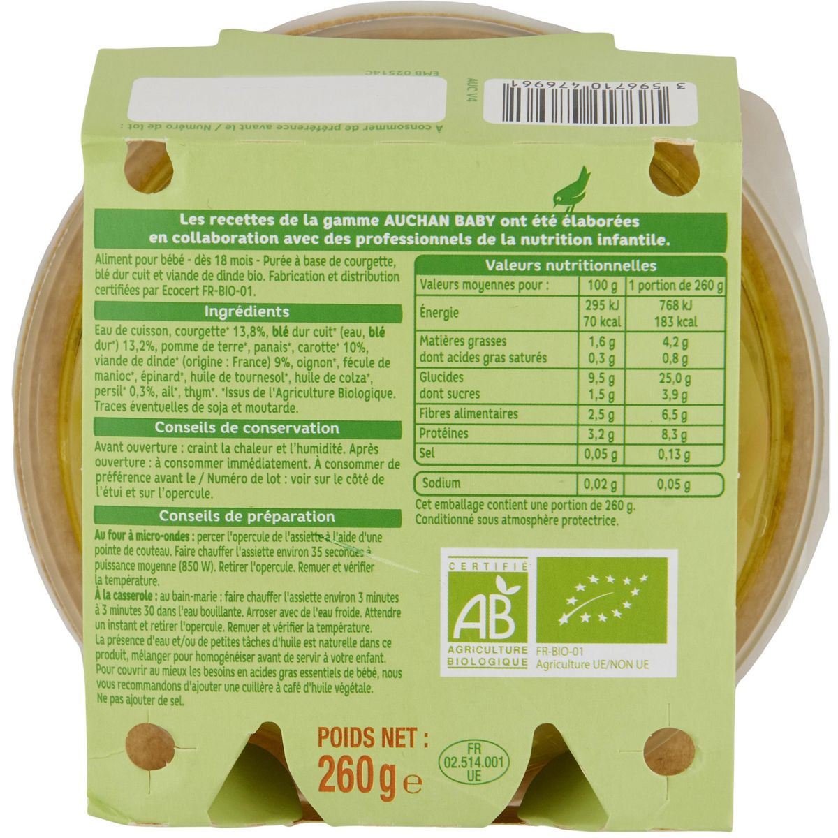 AUCHAN BABY BIO Assiette courgette blé et dinde dès 18 mois 260g
