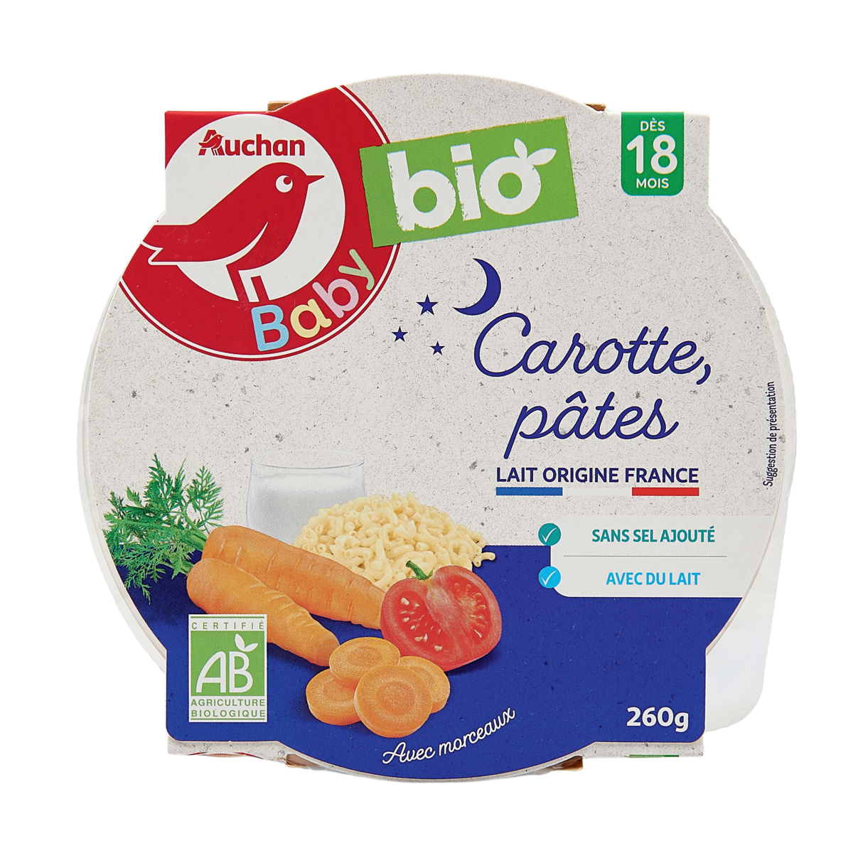 AUCHAN BABY BIO Assiette carottes et pâtes dès 18 mois 260g