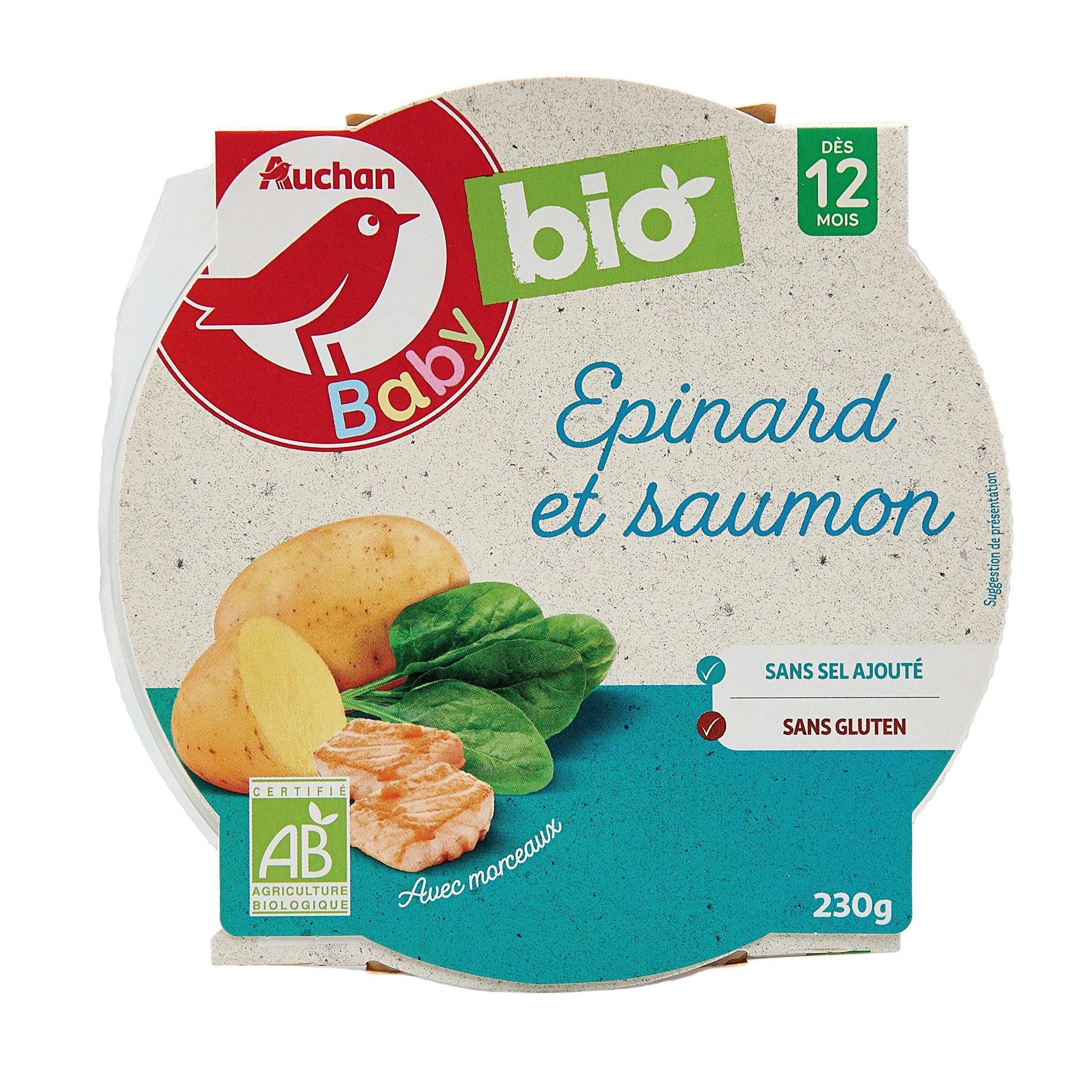 Voir la diapositive 2 : AUCHAN BABY BIO Assiette épinard bio au saumon dès 12 mois 230g