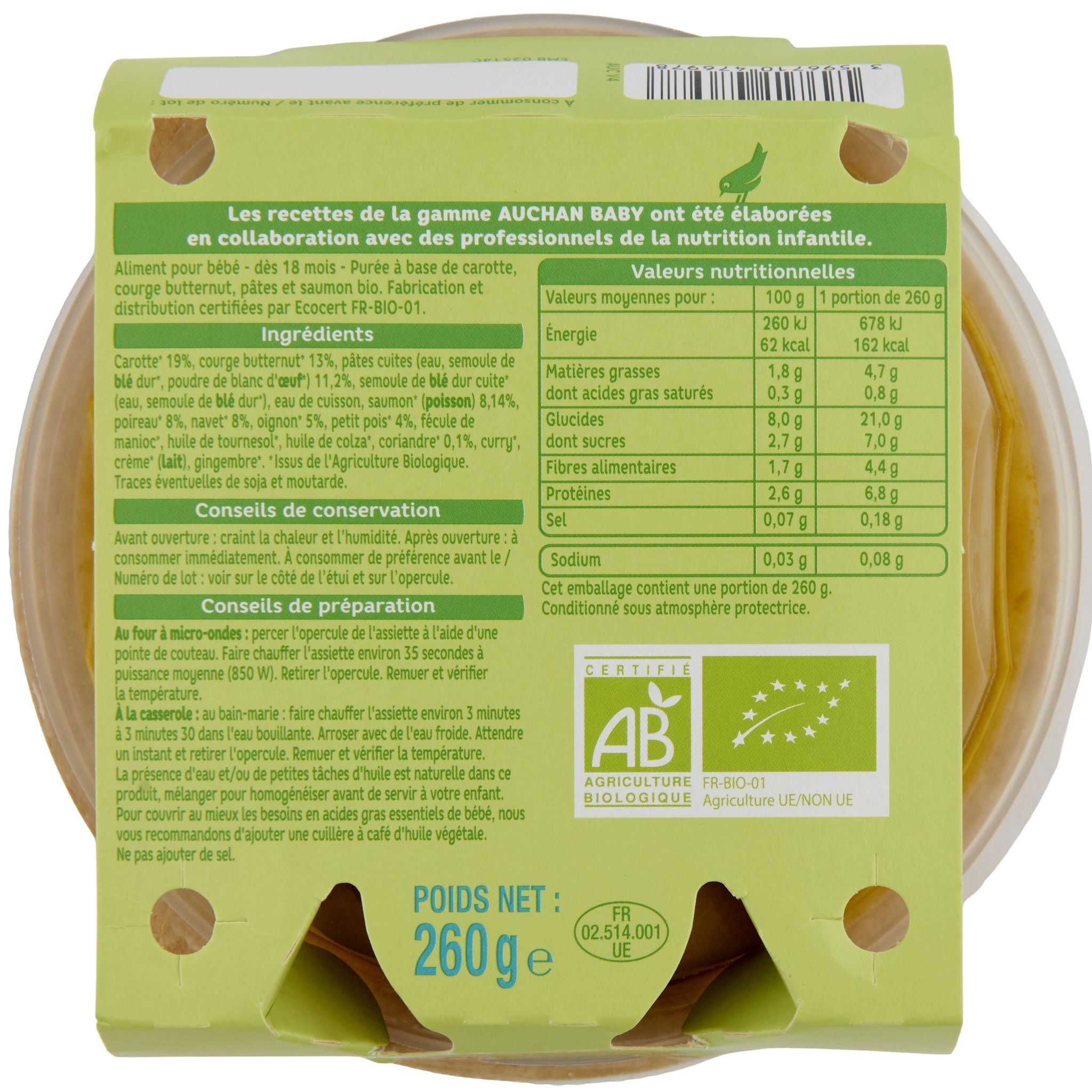 Voir la diapositive 2 : AUCHAN BABY BIO Assiette méli-mélo légumes pâtes et saumon dès 18 mois 260g