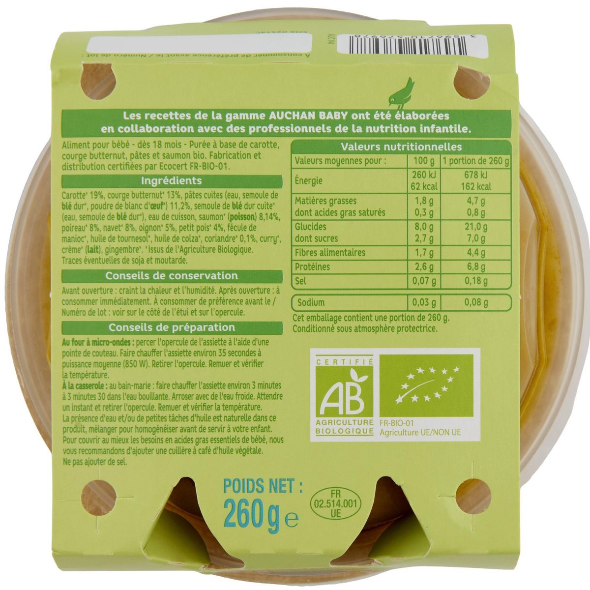 AUCHAN BABY BIO Assiette méli-mélo légumes pâtes et saumon dès 18 mois 260g
