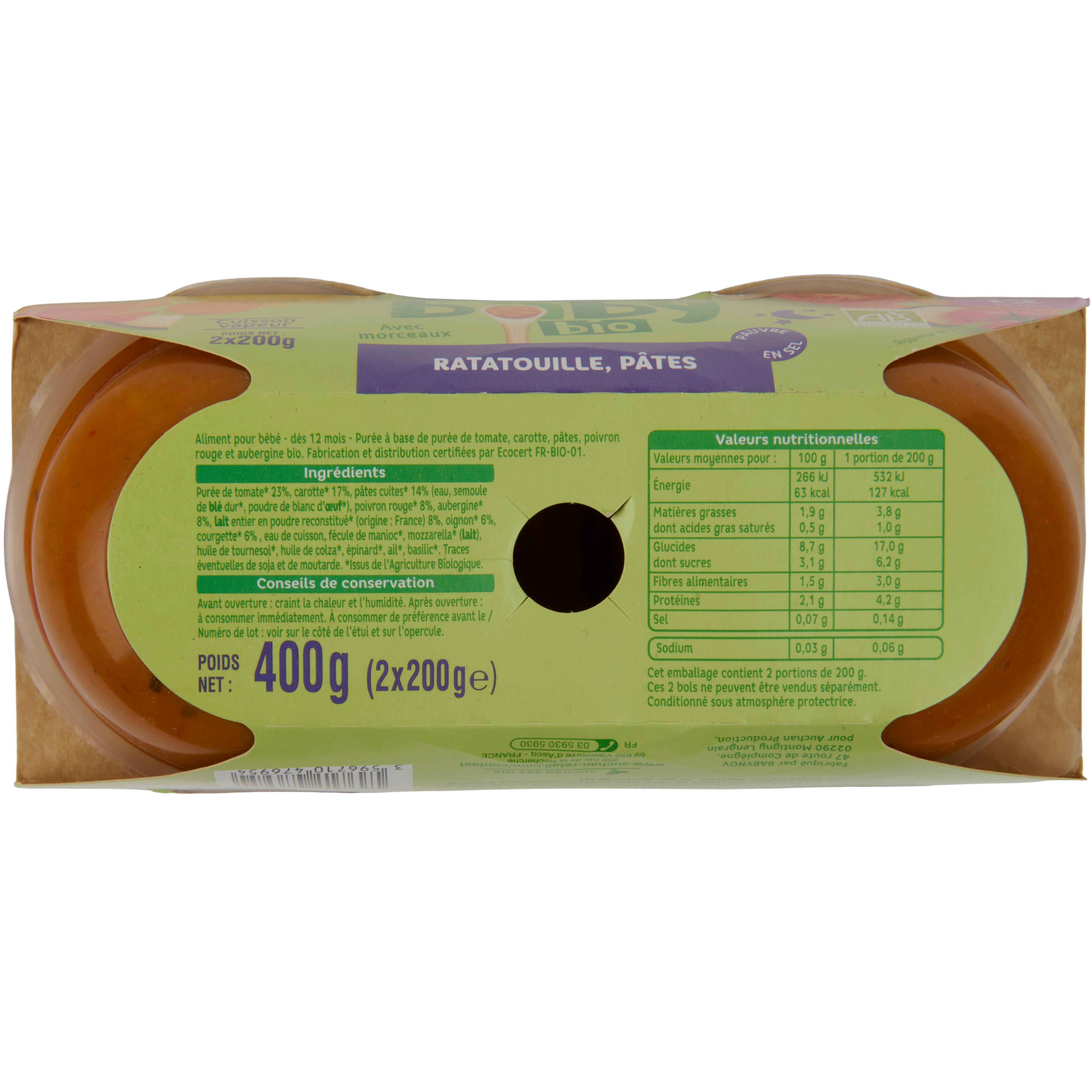Voir la diapositive 2 : AUCHAN BABY BIO Bol de ratatouille et pâtes bio dès 12 mois 2x200g