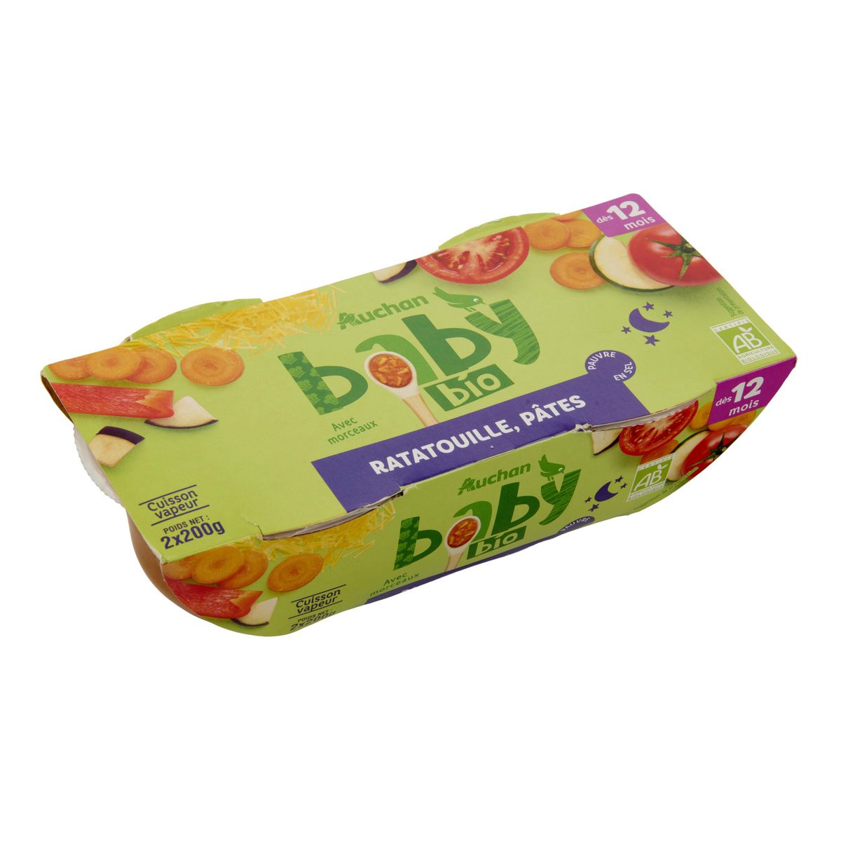 AUCHAN BABY BIO Bol de ratatouille et pâtes bio dès 12 mois 2x200g