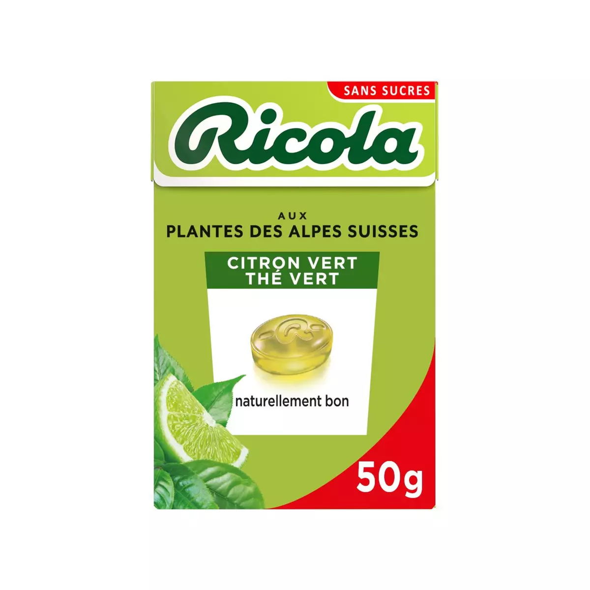 RICOLA Bonbons Suisse aux plantes des alpes sans sucre saveur citron vert thé vert 50g