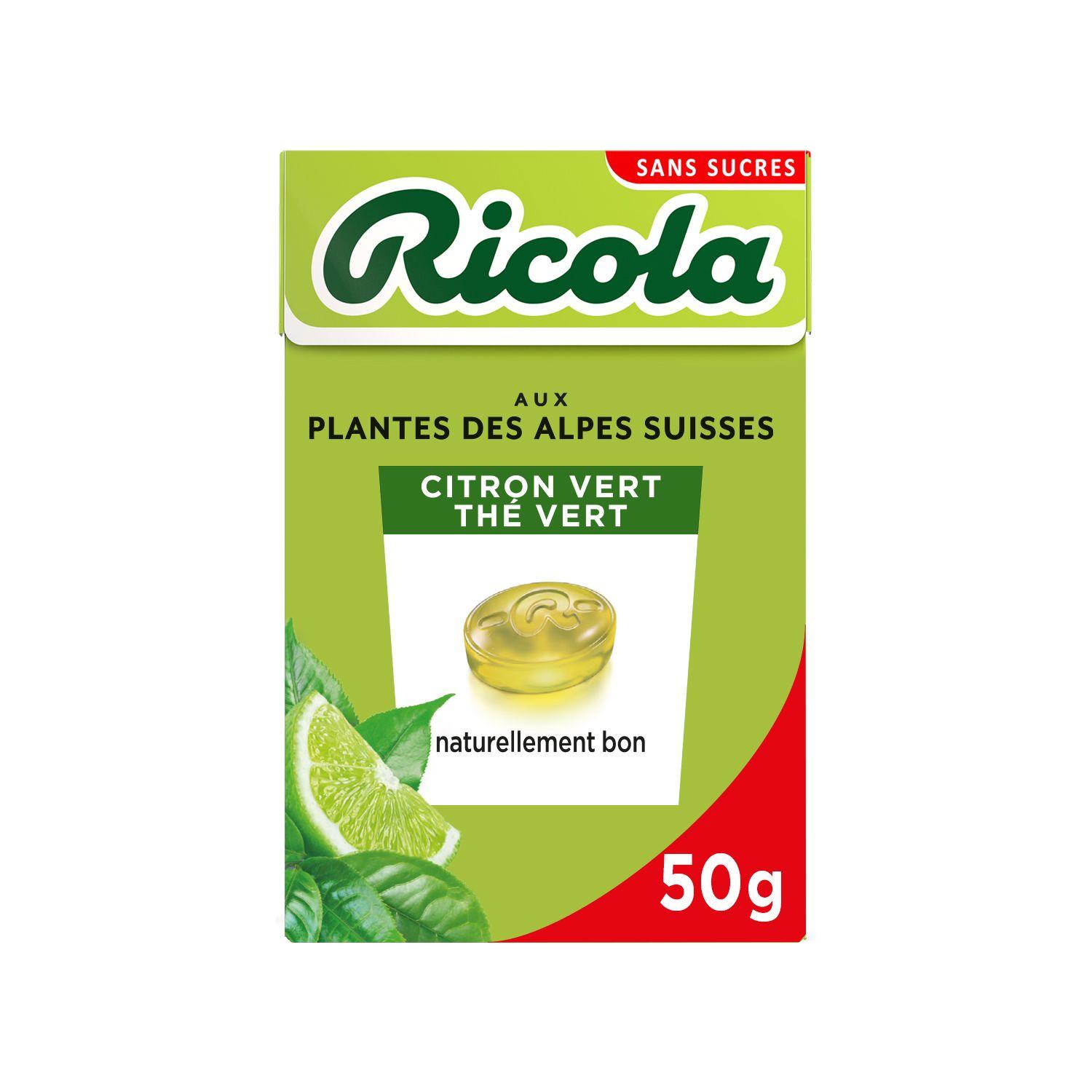 Voir la diapositive 2 : RICOLA Bonbons Suisse aux plantes des alpes sans sucre saveur citron vert thé vert 50g