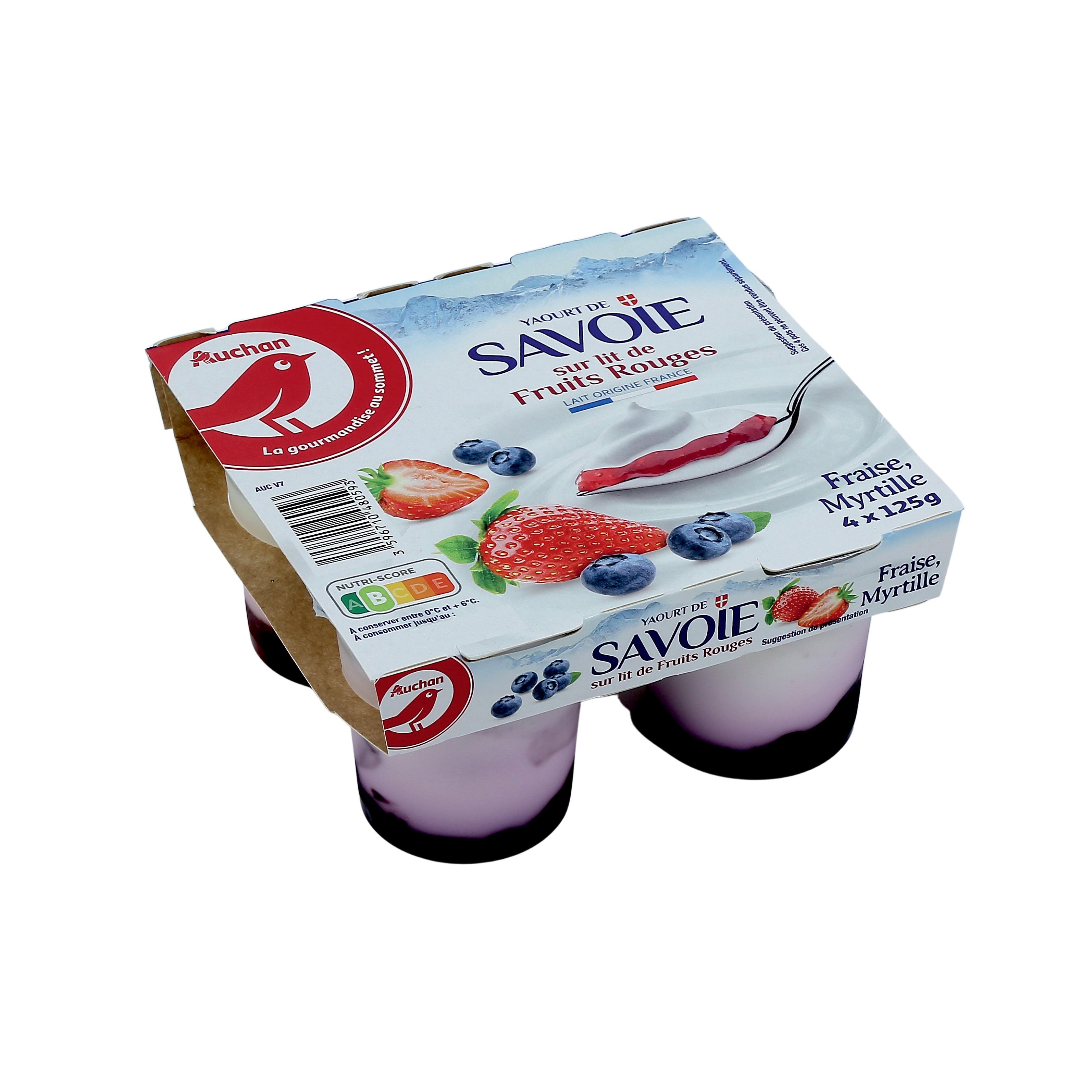 Voir la diapositive 2 : AUCHAN Yaourt de Savoie sur lit de fruits rouges fraise et myrtille 4x125g