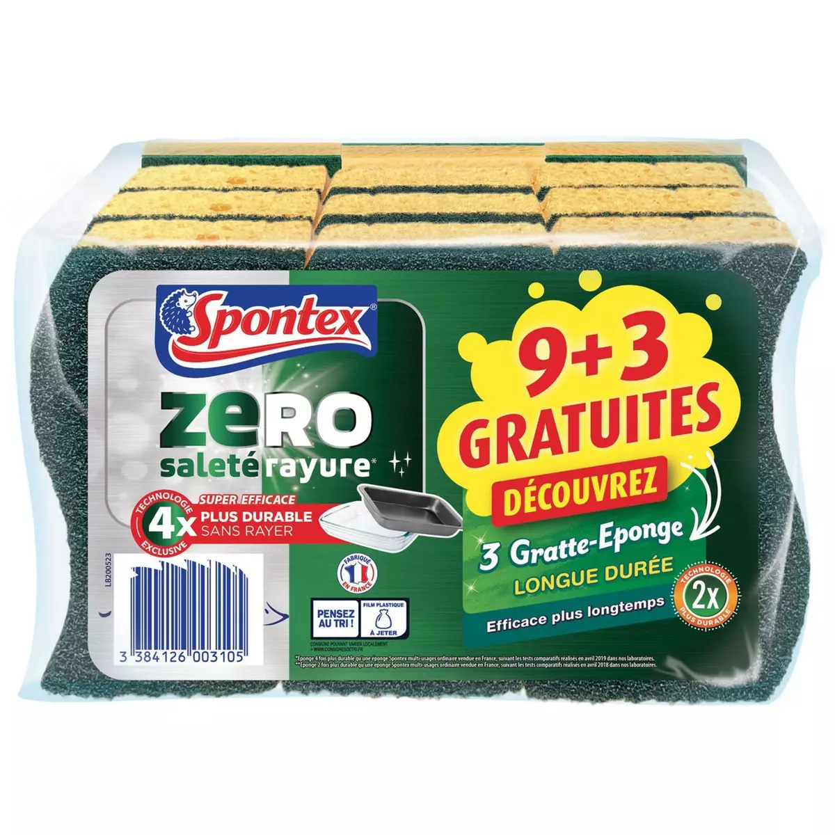 SPONTEX ZERO SURFACES ENCRASSEES 9 + 3 GE LONGUE DUREE GRATUITES 9+3 offerts