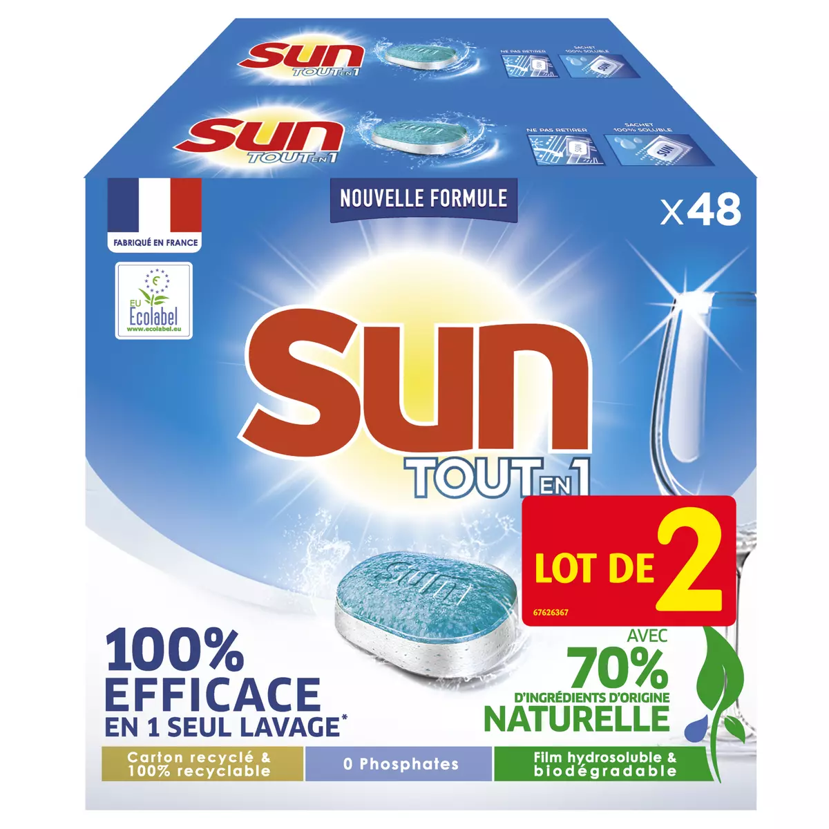 SUN Tablettes lave-vaisselle tout en 1 Ecolabel 96 pastilles