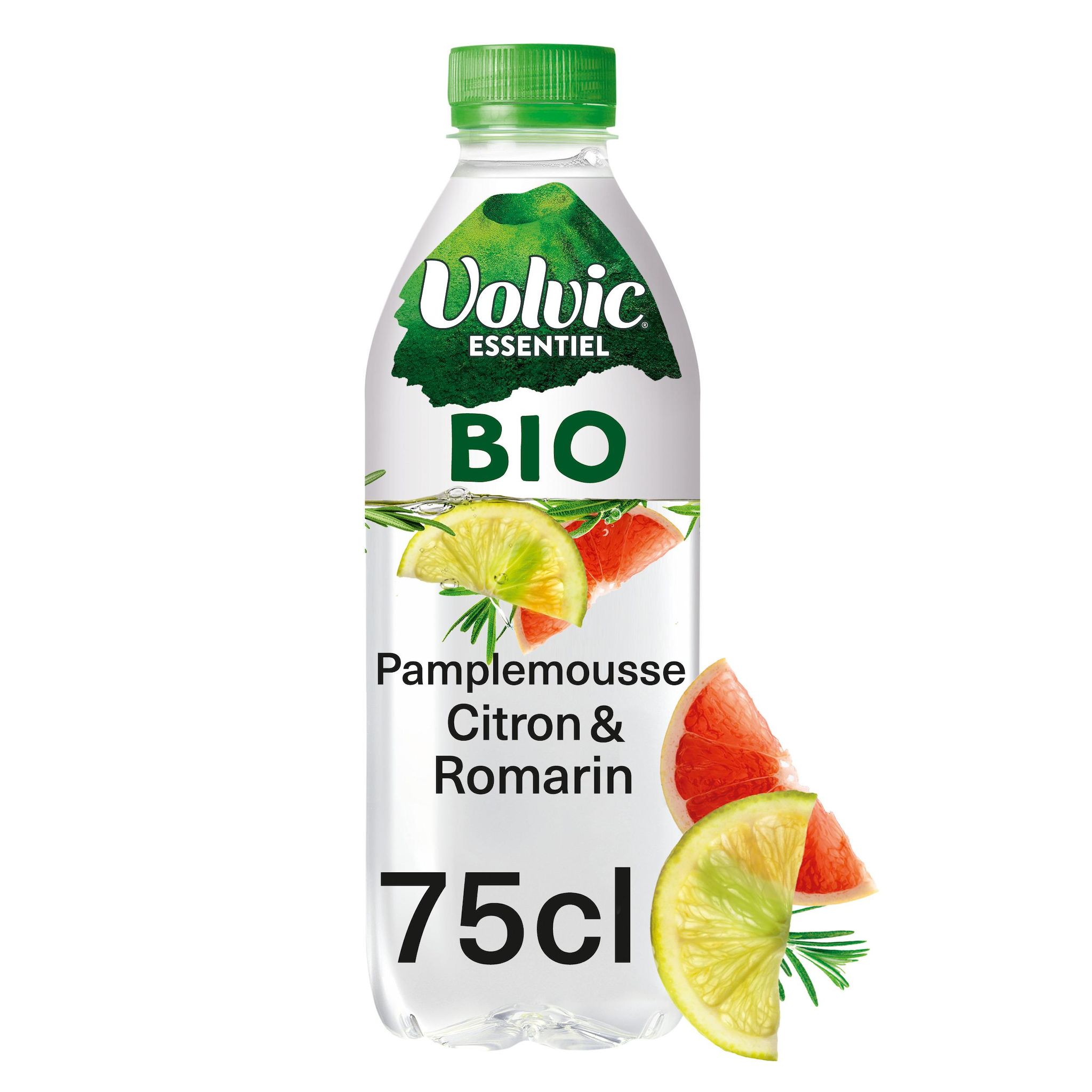 Voir la diapositive 2 : VOLVIC Essentiel Eau aromatisée citron pamplemousse romarin bio 75cl