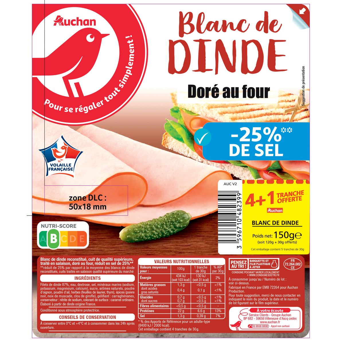 AUCHAN Blanc de dinde doré au four -25% de sel 4 tranches+1 offerte 150g